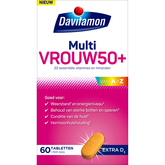 Davitamon Multi Vrouw 50+ multivitamin tablets in a blister pack, designed for women over 50 to support health and wellness.
