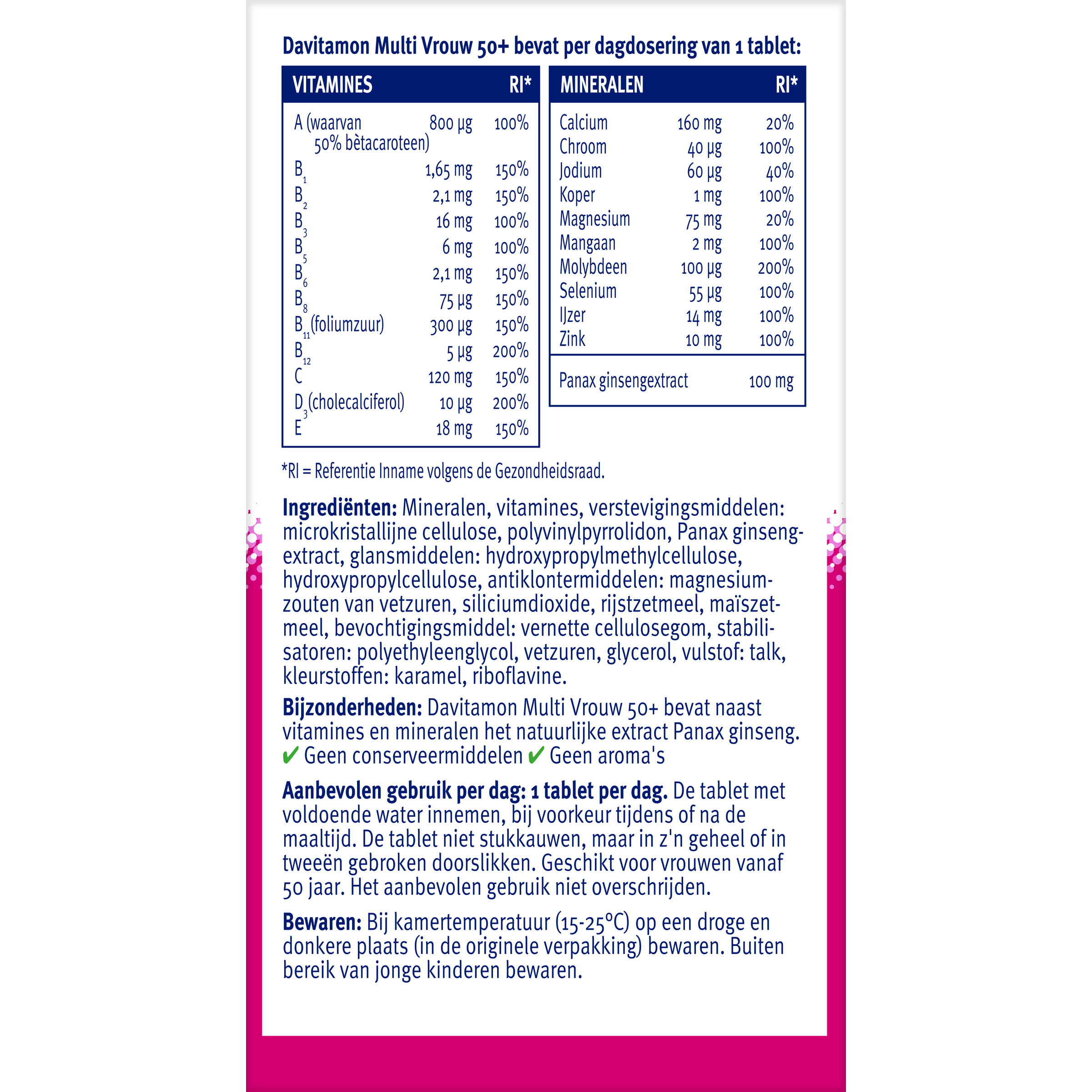 Davitamon Multi Vrouw 50+ multivitamin tablets in a bottle, designed for women over 50 with essential vitamins and minerals.