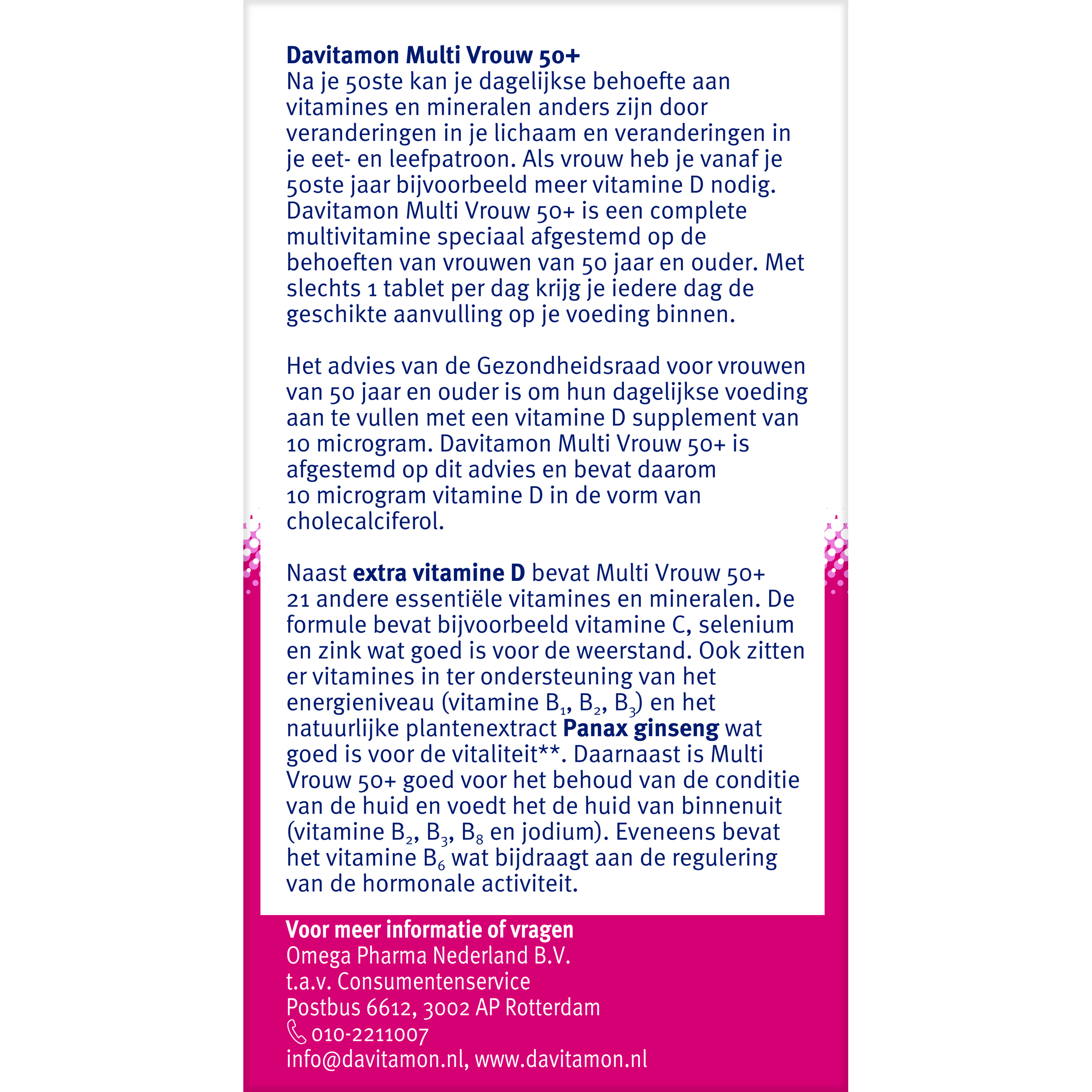 Davitamon Multi Vrouw 50+ multivitamin tablets for women, 60-count bottle, showing the supplement packaging.