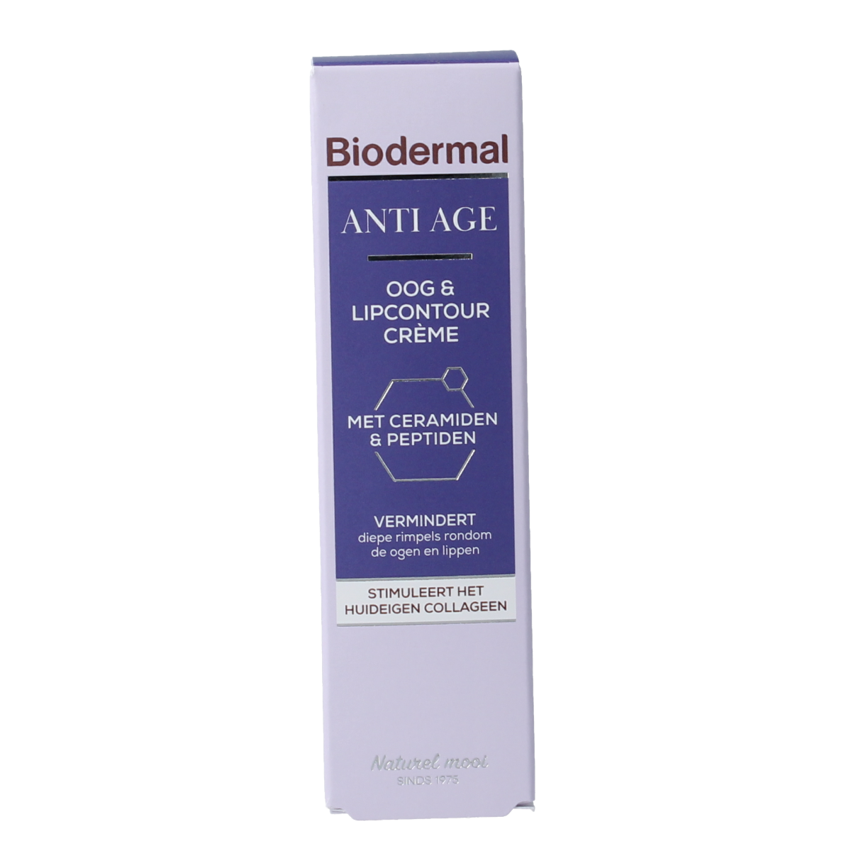 Biodermal Anti-age oog- en lipcontourcrème in 15ml tube, facial skincare product for youthful eye and lip area.