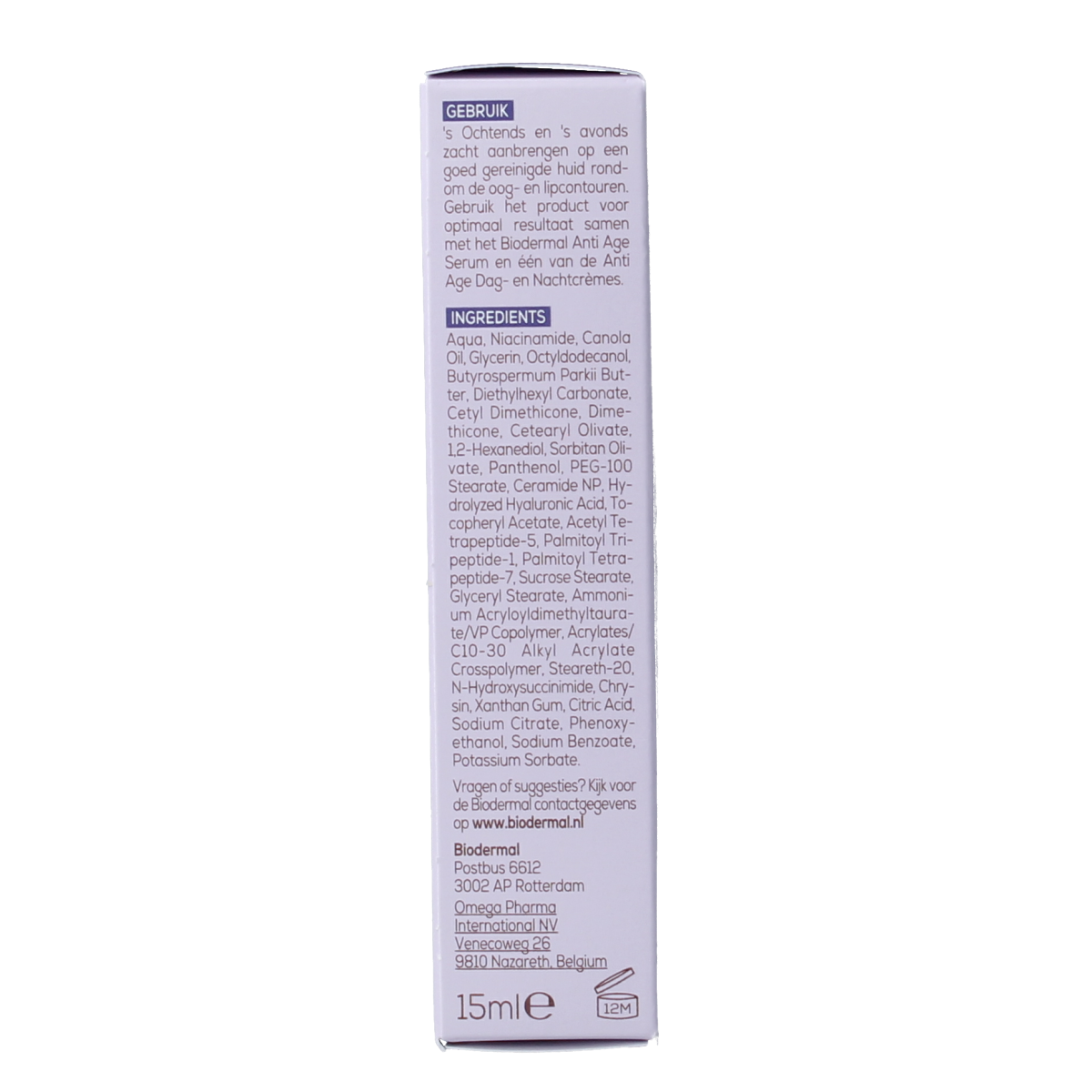 Biodermal anti-age oog- en lipcontour crème in 15ml tube, facial skincare for reducing fine lines around eyes and lips.