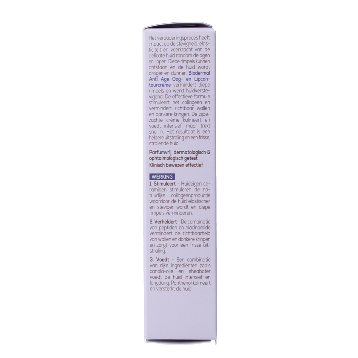 Biodermal anti-age oog- en lipcontour crème in 15ml jar, facial skincare product for reducing fine lines around eyes and lips.