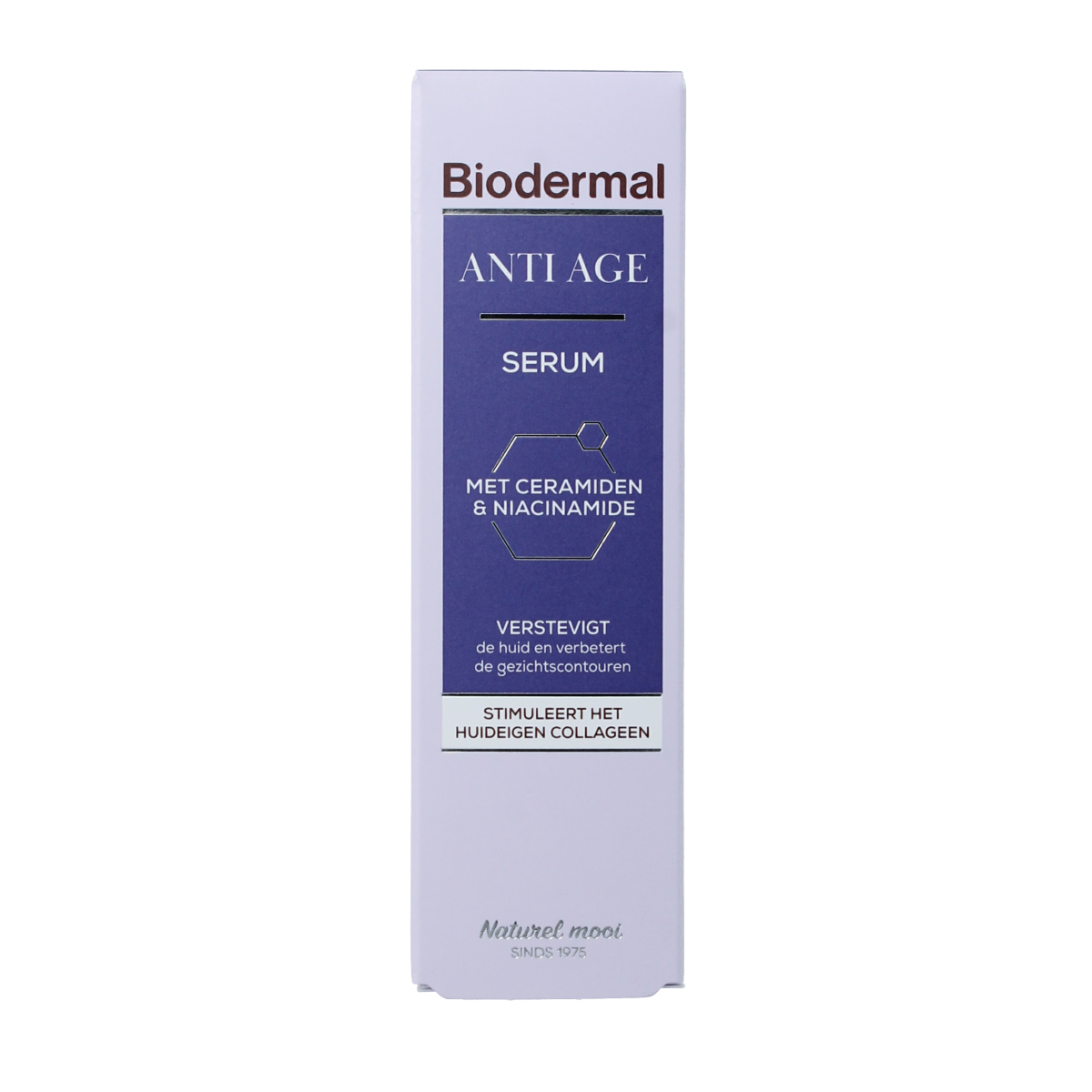 Biodermal anti-age serum in a 30ml bottle, facial skincare product with a sleek design and pump dispenser, on a white background.