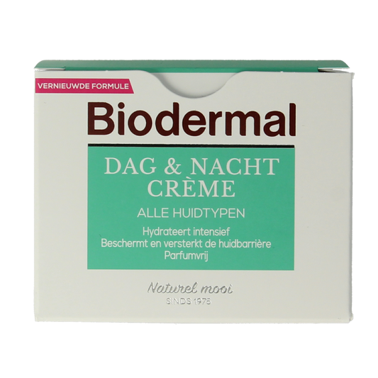 Biodermal day and night facial cream in a 50ml jar, skincare product with white and blue packaging.