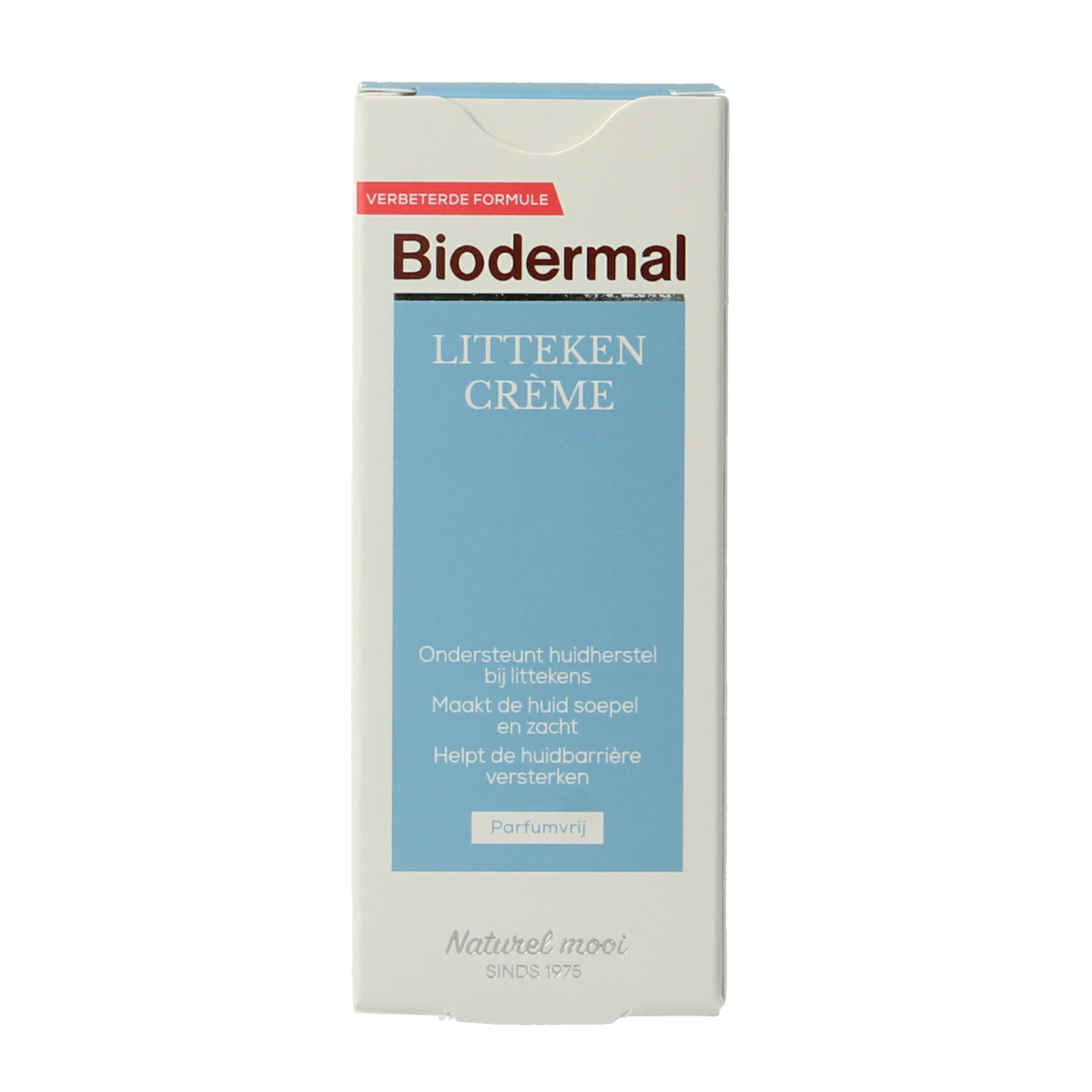 Biodermal Litteken creme in 25ml tube, body care product for scar treatment, with a white and blue packaging design