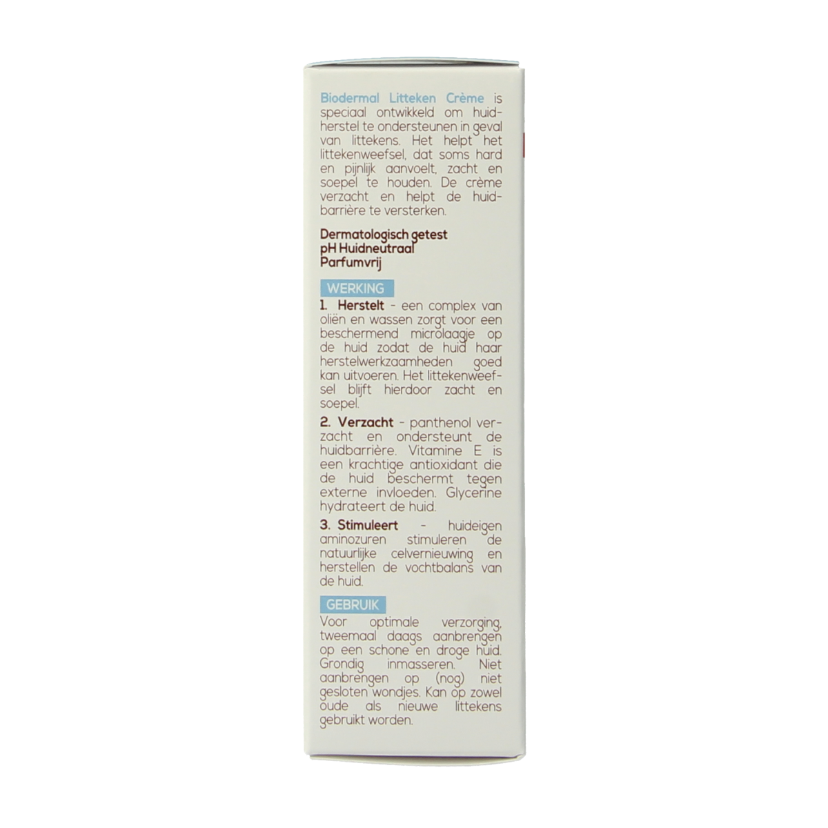 Biodermal Litteken creme in a 25ml tube, skincare product for scars, with a white and blue packaging design.