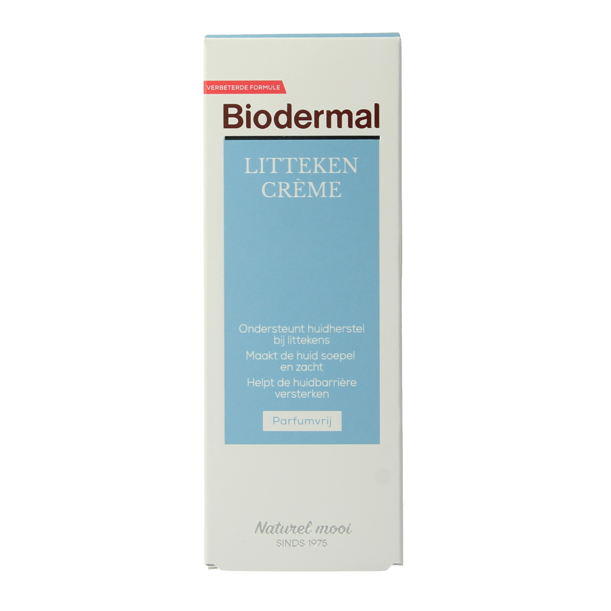 Biodermal Litteken crème in 75ml tube, a body care product for scar treatment, shown in the image.