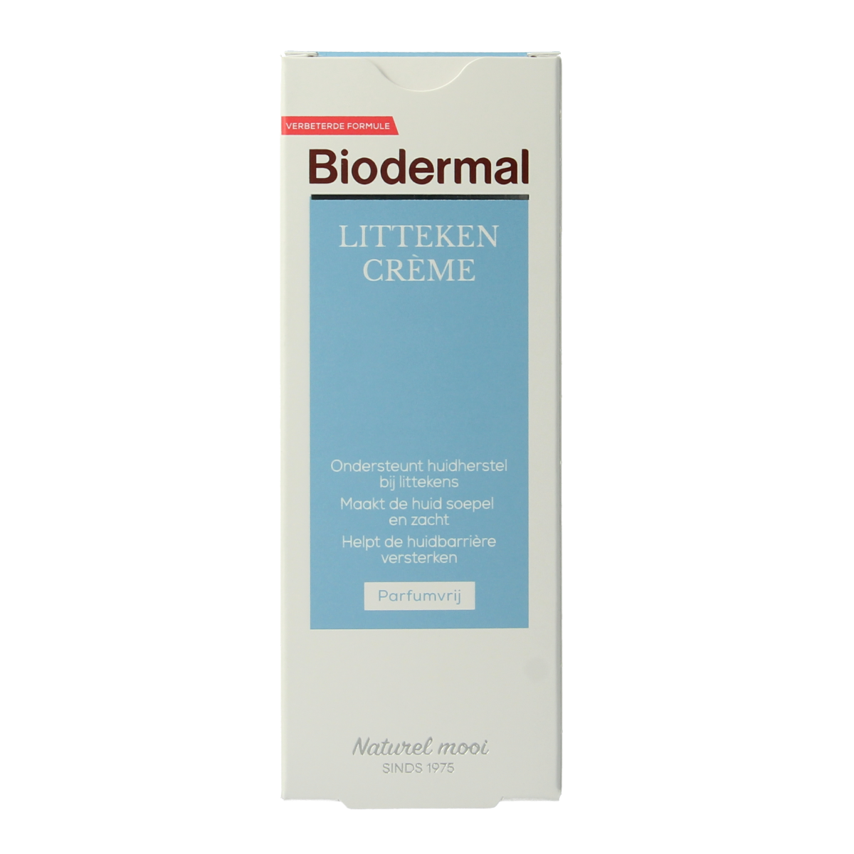 Biodermal Litteken crème in 75ml tube, body care product for scar treatment, with white and blue packaging and applicator tip.