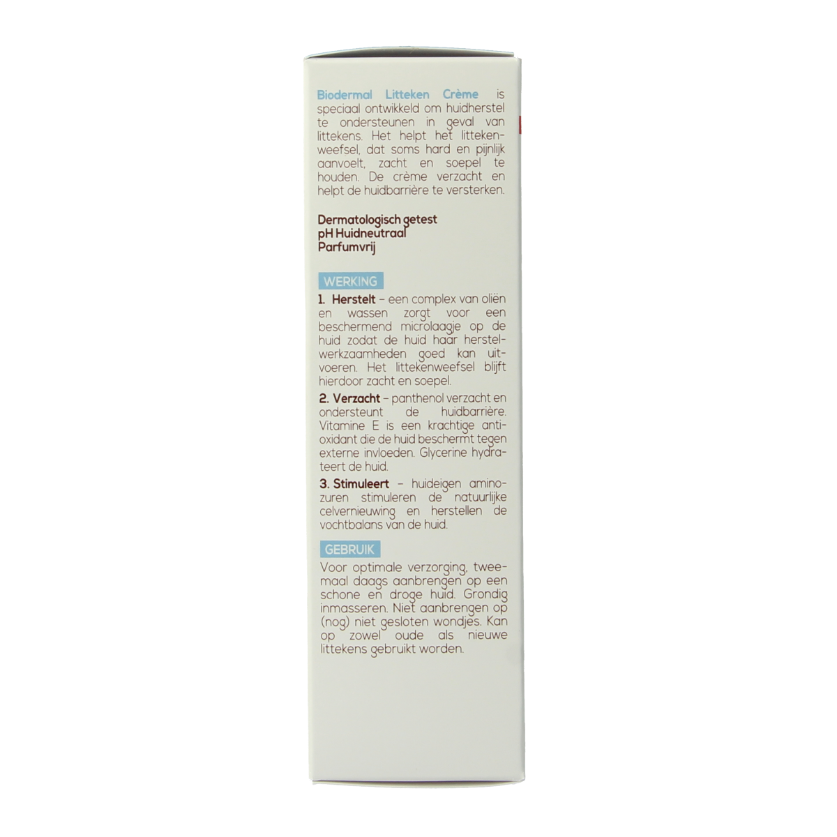 Biodermal Litteken creme 75ml tube, body care product for scars, with a white and blue packaging design.