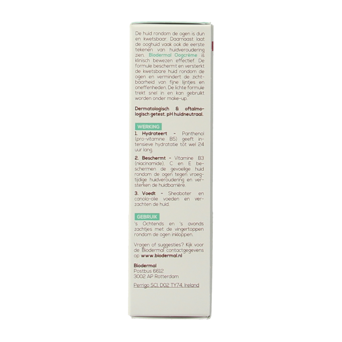 Biodermal eye cream in a 15ml tube, designed for facial skincare and eye area hydration, displayed in the image.