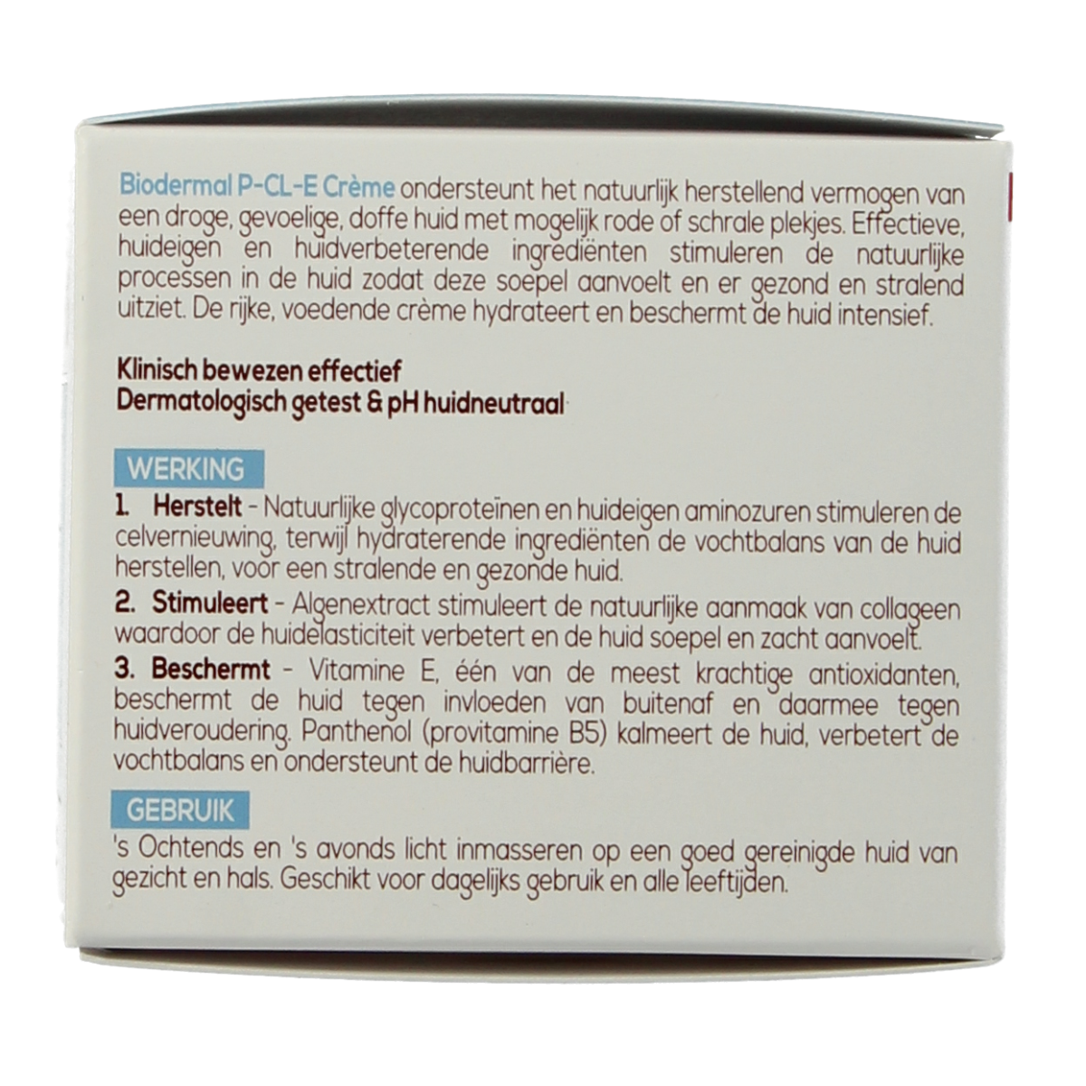 Biodermal P CL E gezichtscrème in 50ml tube, moisturizing facial skincare product by Biodermal with a white and orange packaging.
