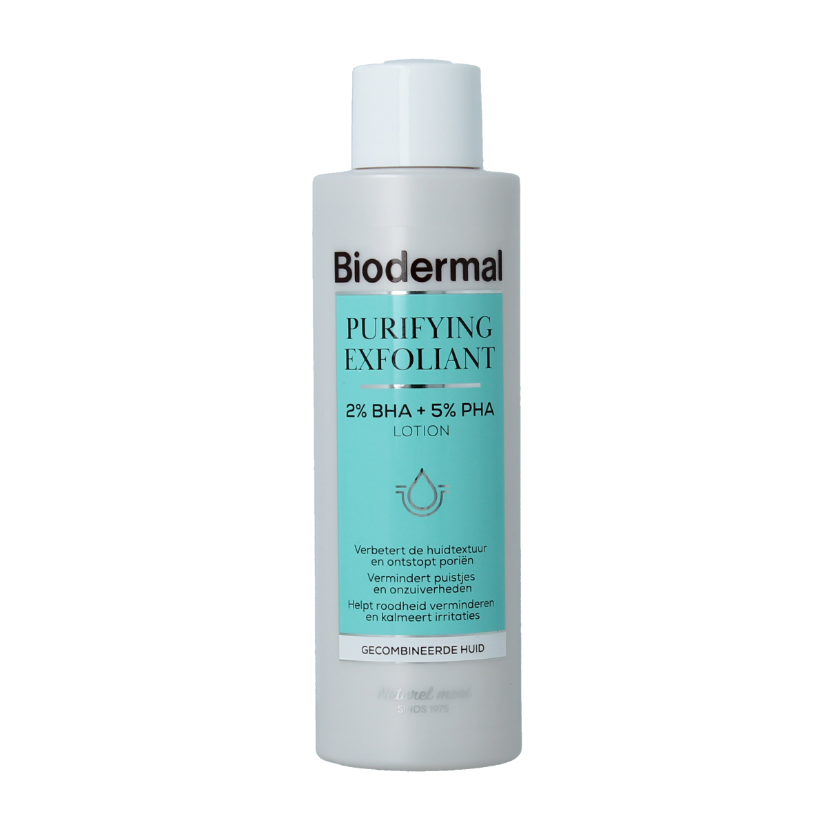 Biodermal Purifying Exfoliant facial skincare bottle, parfumvrij, 150ml, with clear label and product details visible.