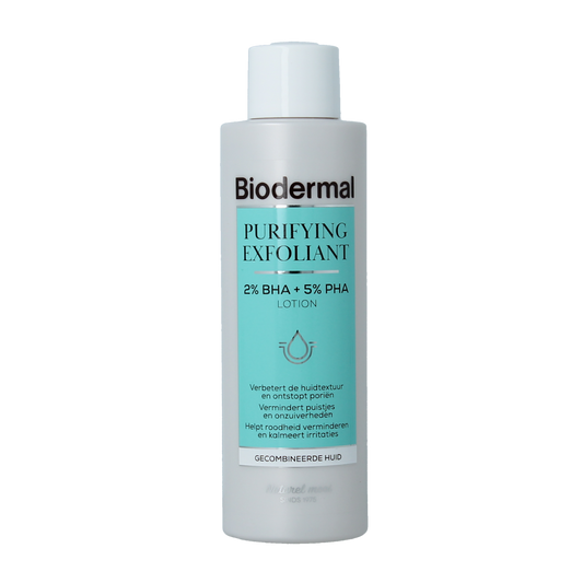Biodermal Purifying Exfoliant facial skincare bottle, parfumvrij, 150ml, with clear label and product details visible.