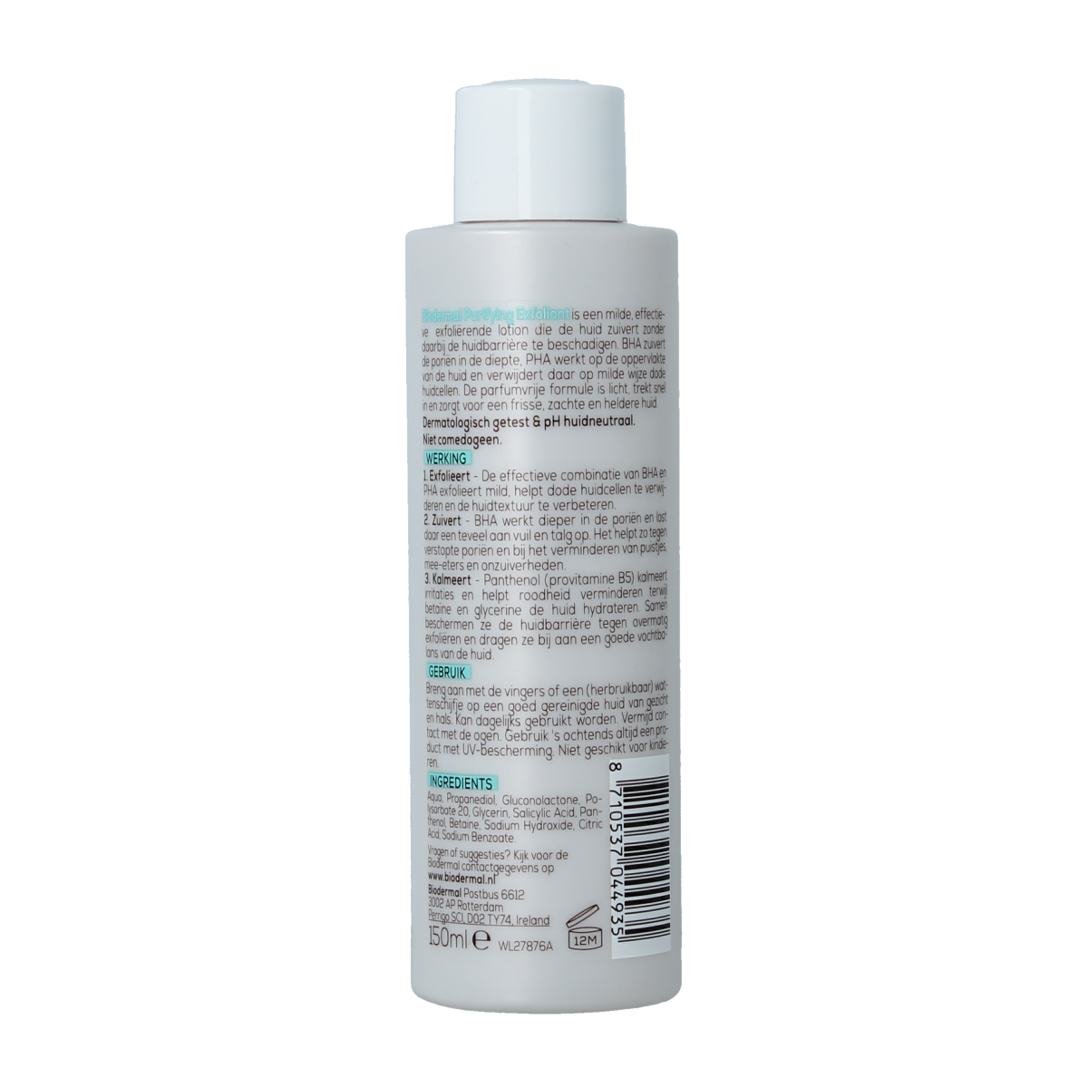Biodermal Purifying Exfoliant facial skincare product in 150ml bottle, fragrance-free for gentle skin cleansing.