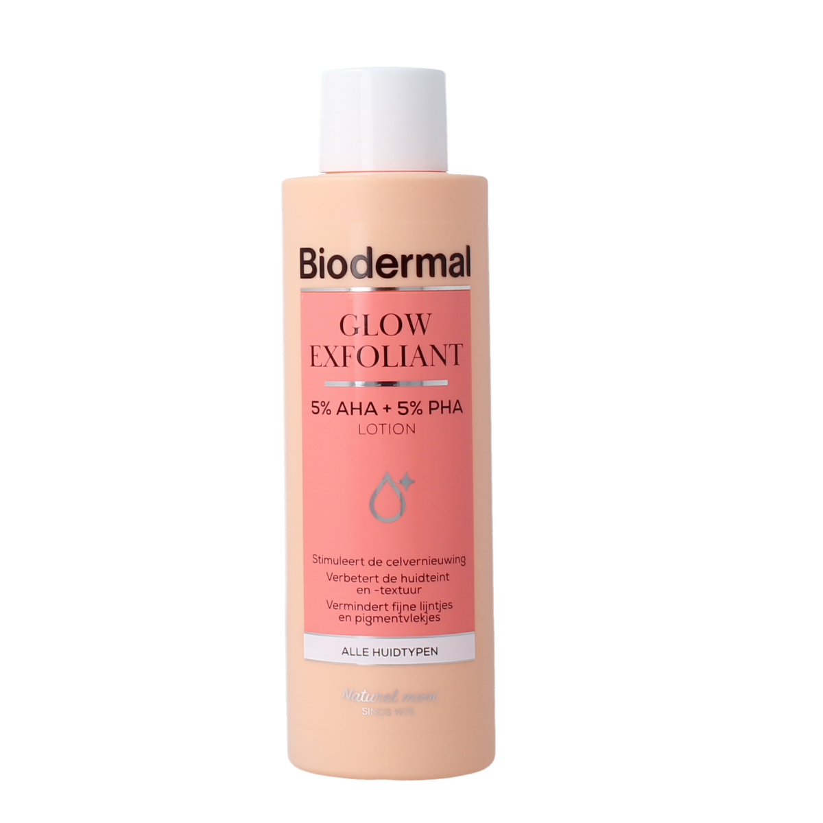 Biodermal Glow exfoliant parfumvrij facial skincare product in 150ml bottle with label showing brand and product details.