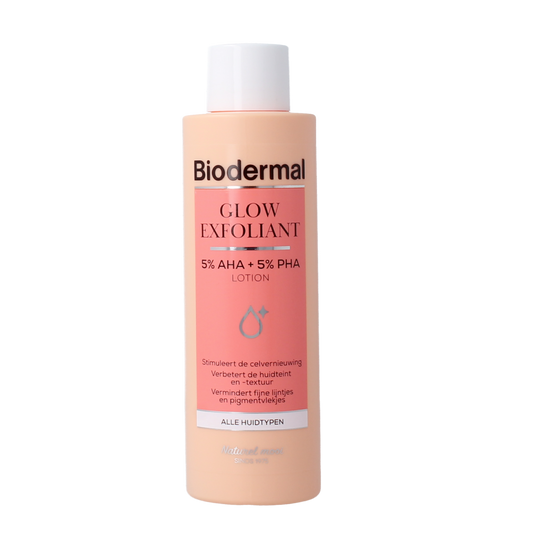 Biodermal Glow exfoliant parfumvrij facial skincare product in 150ml bottle with label showing brand and product details.