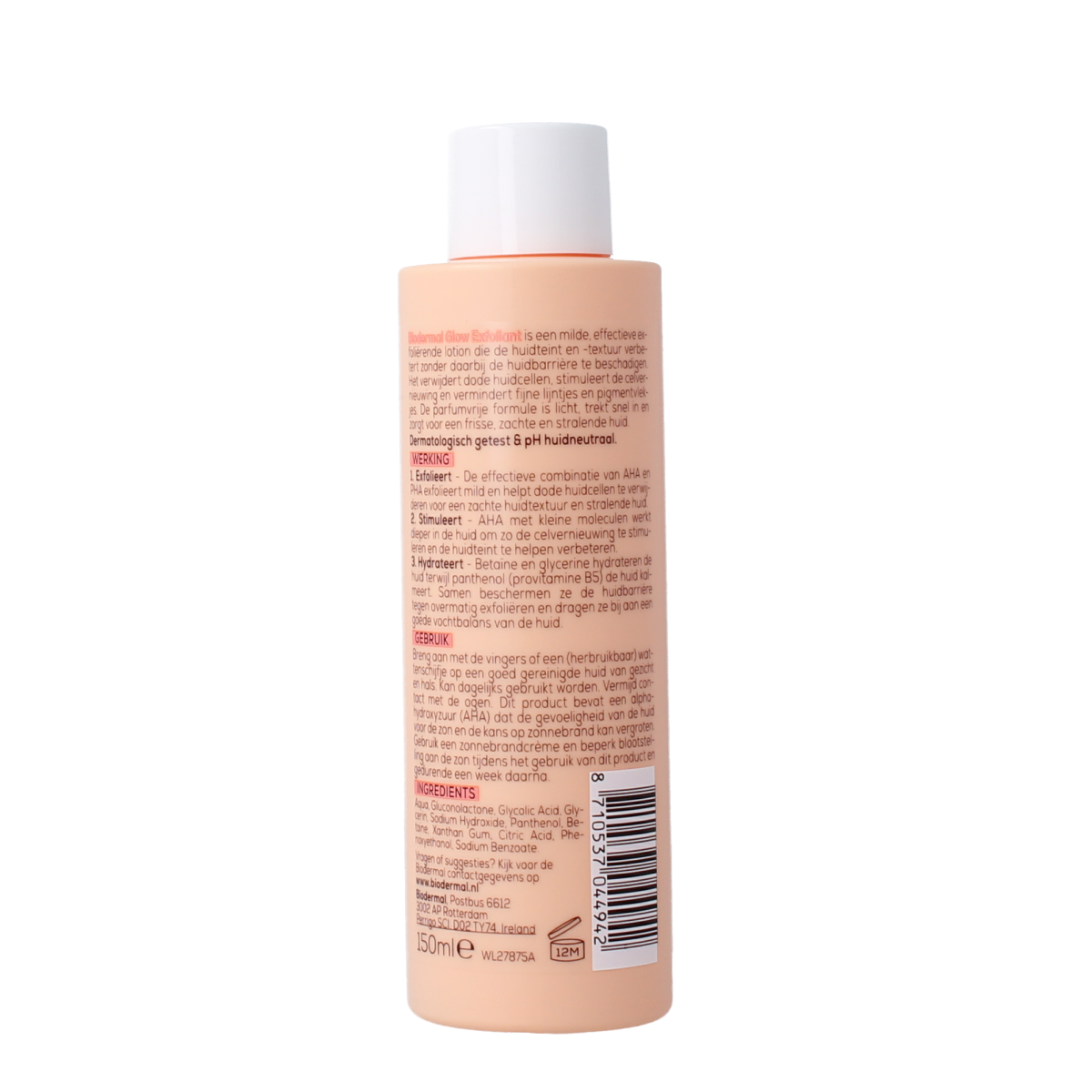 Biodermal Glow exfoliant parfumvrij in 150ml bottle, a gentle facial skincare product with clear packaging and label.