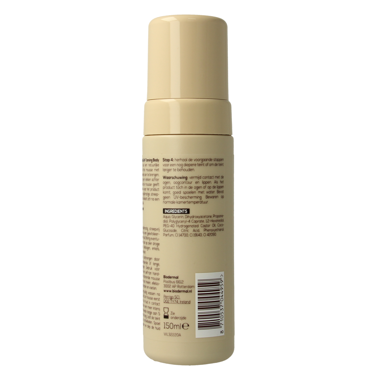 Biodermal Sunkissed self-tanning body mousse in 200ml bottle, featuring a sleek design and tanning applicator.