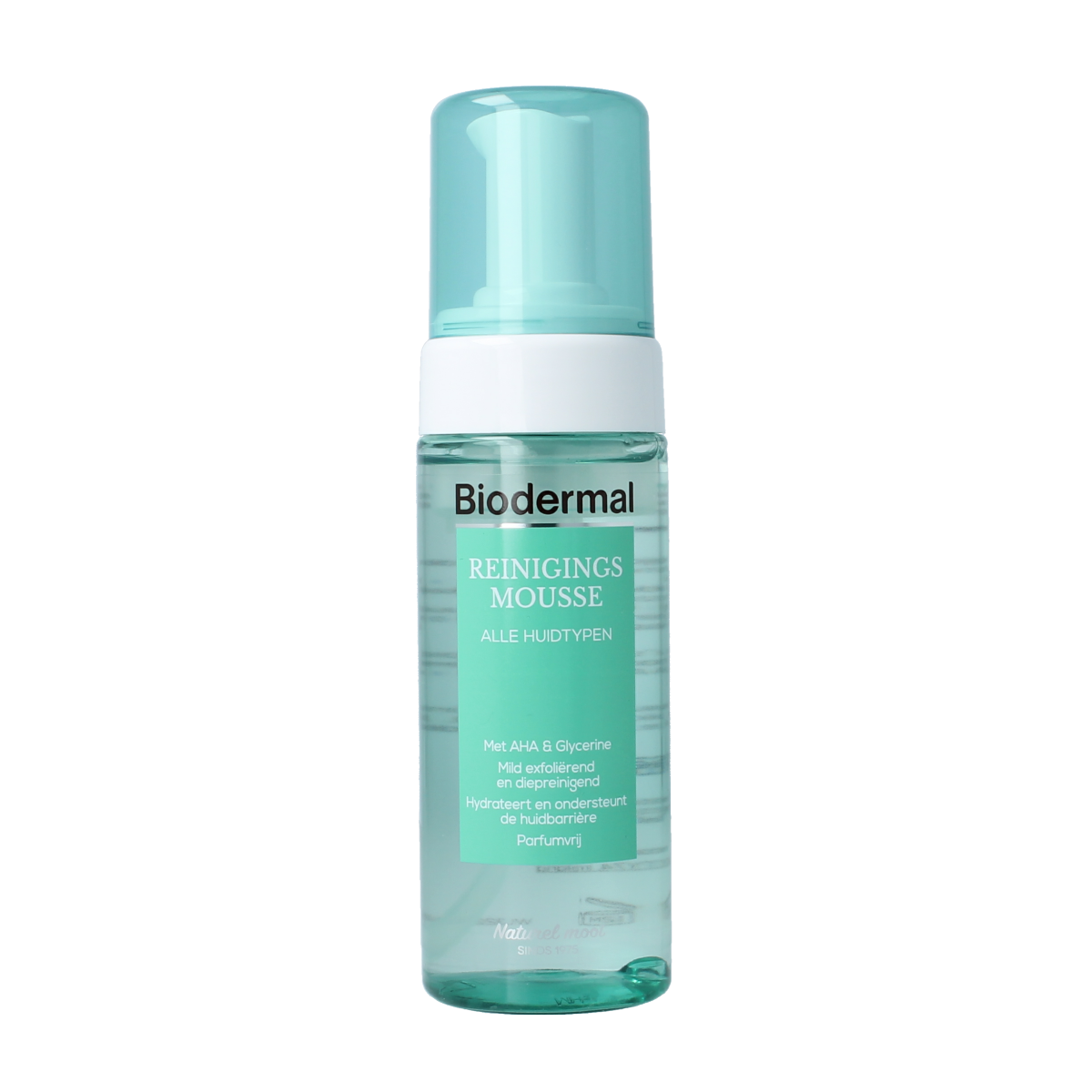 Biodermal Reinigingsmousse voor alle huidtypen in een 150ml fles, gezichtsverzorging met schuimende formule.