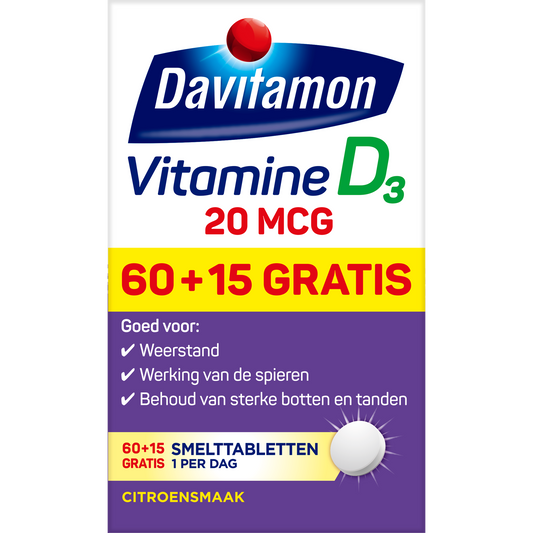 Davitamon Vitamin D3 20mcg supplement with 75 chewable tablets, natural orange flavor, in a white bottle.