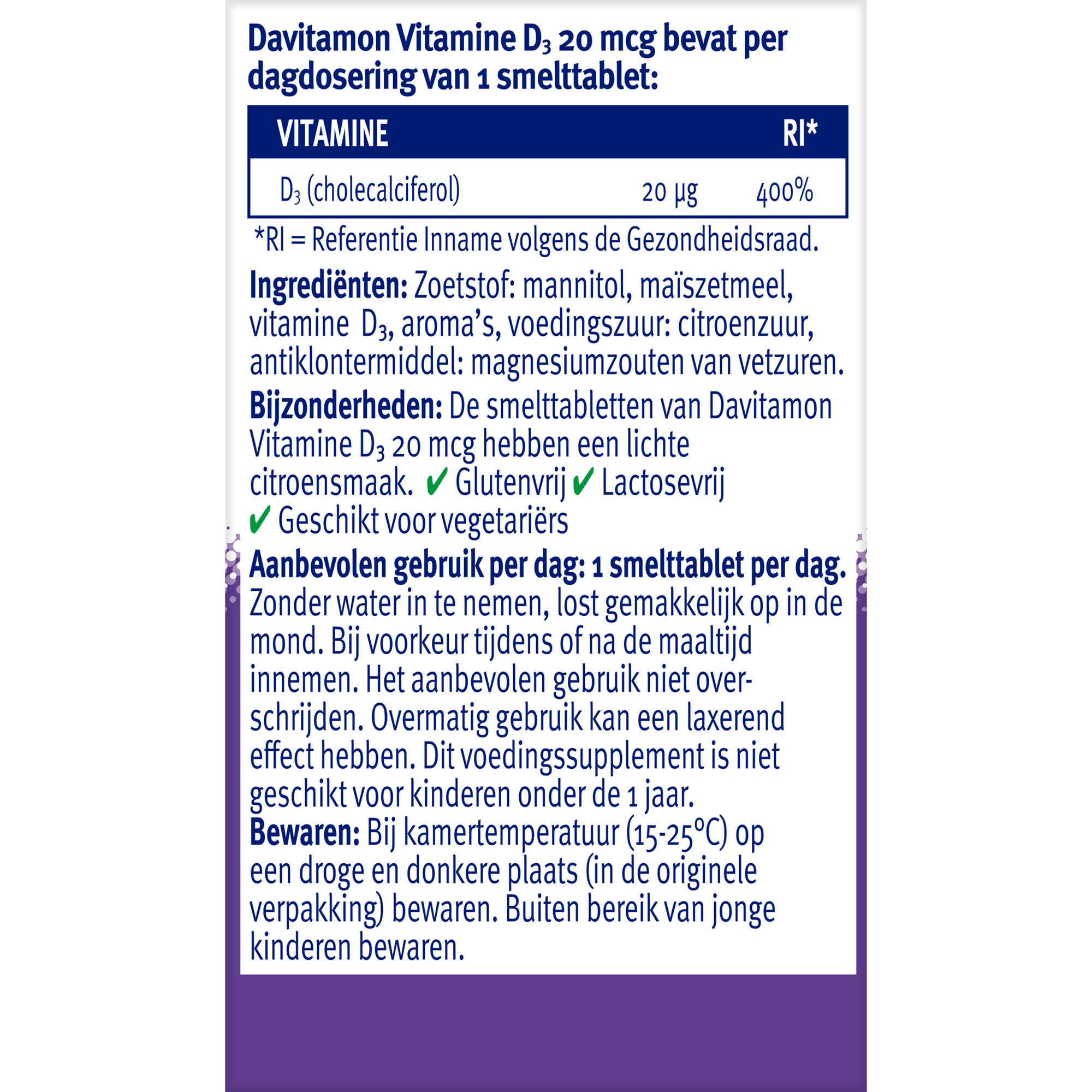 Davitamon Vitamin D3 20mcg supplement in a blister pack of 75 soft tablets, showing the packaging and tablets.