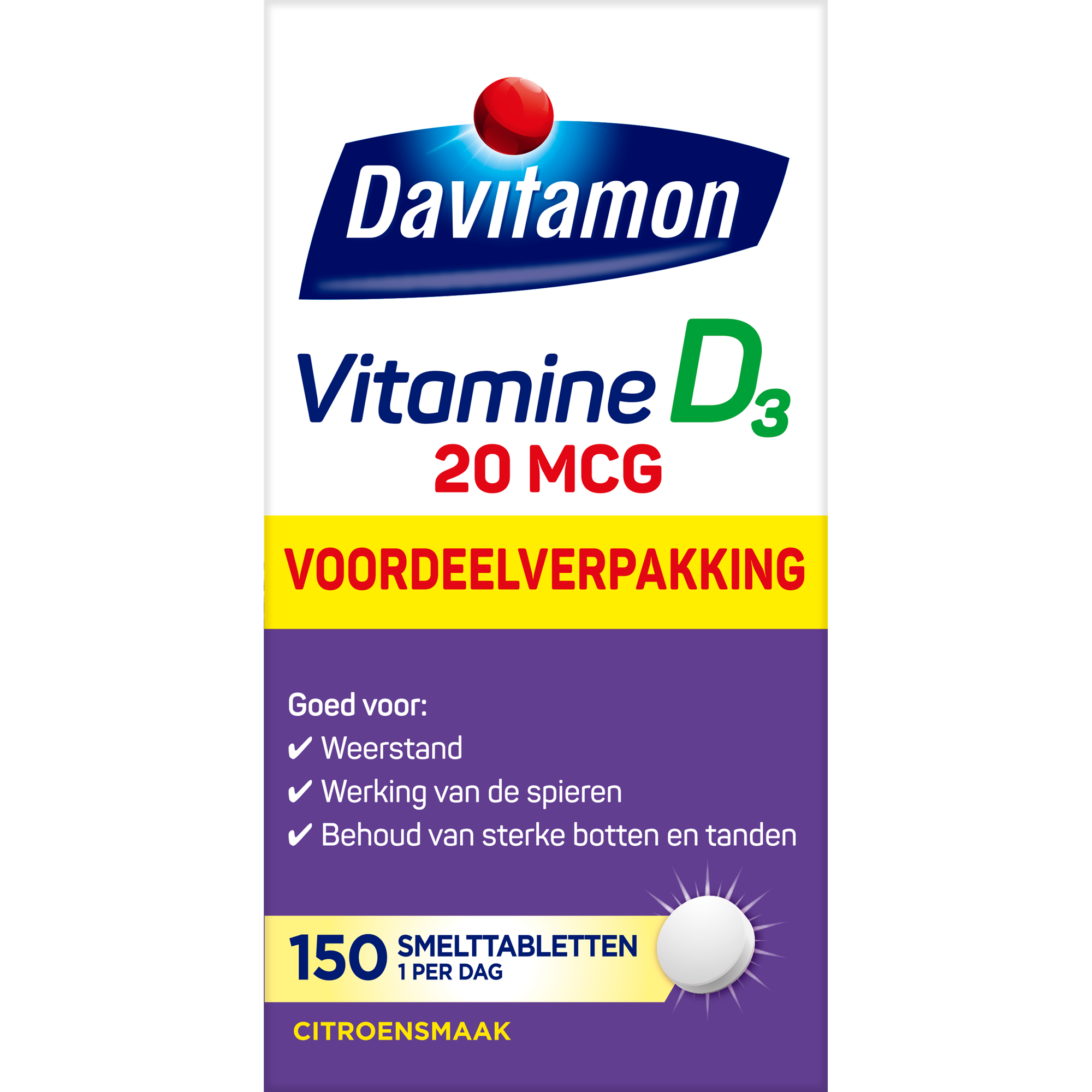 Davitamon Vitamin D3 20mcg 150 chewable tablets, orange-flavored dietary supplement with vitamin D3 for immune support.