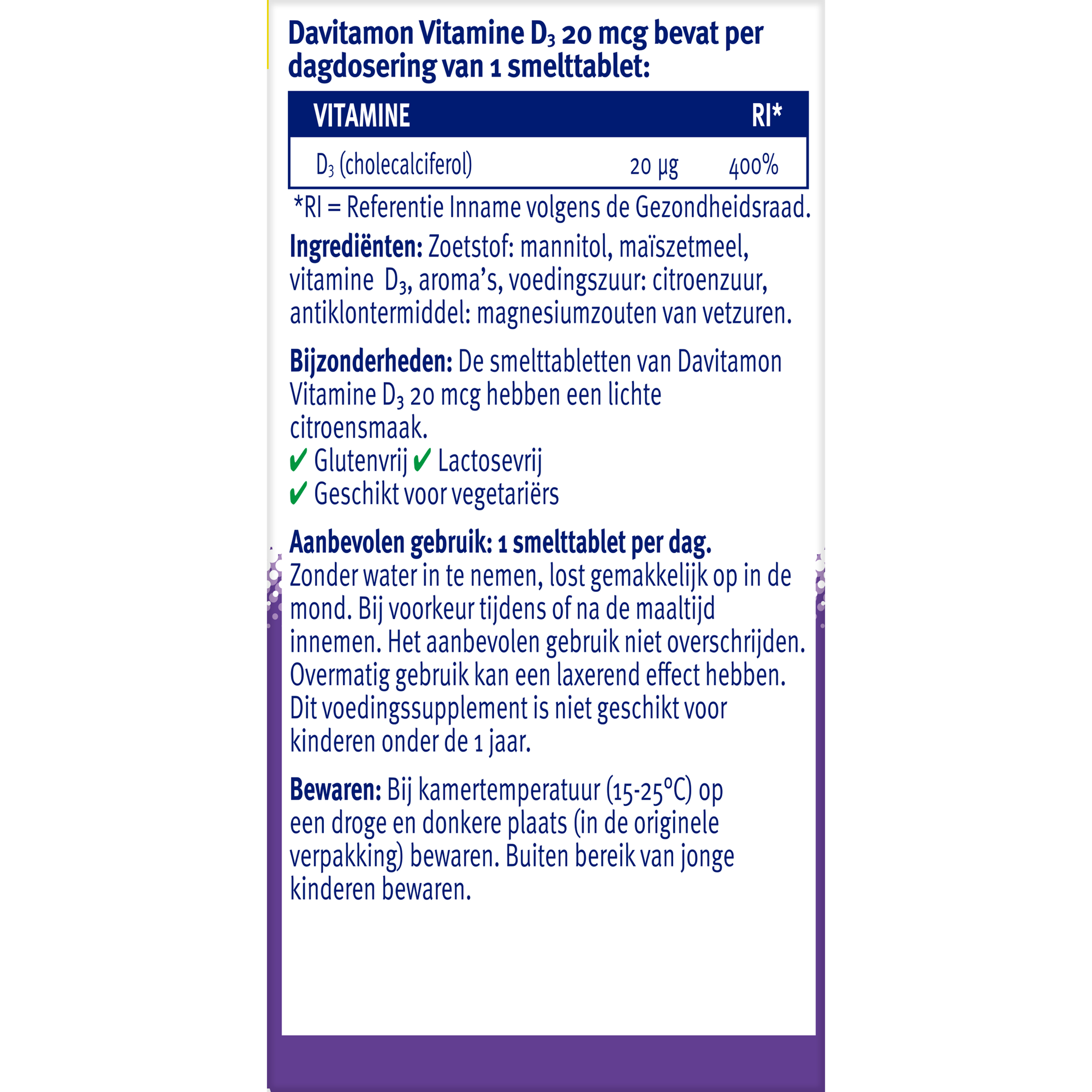 Davitamon Vitamin D3 20mcg supplement with 150 chewable tablets, showing the bottle and tablets on the packaging
