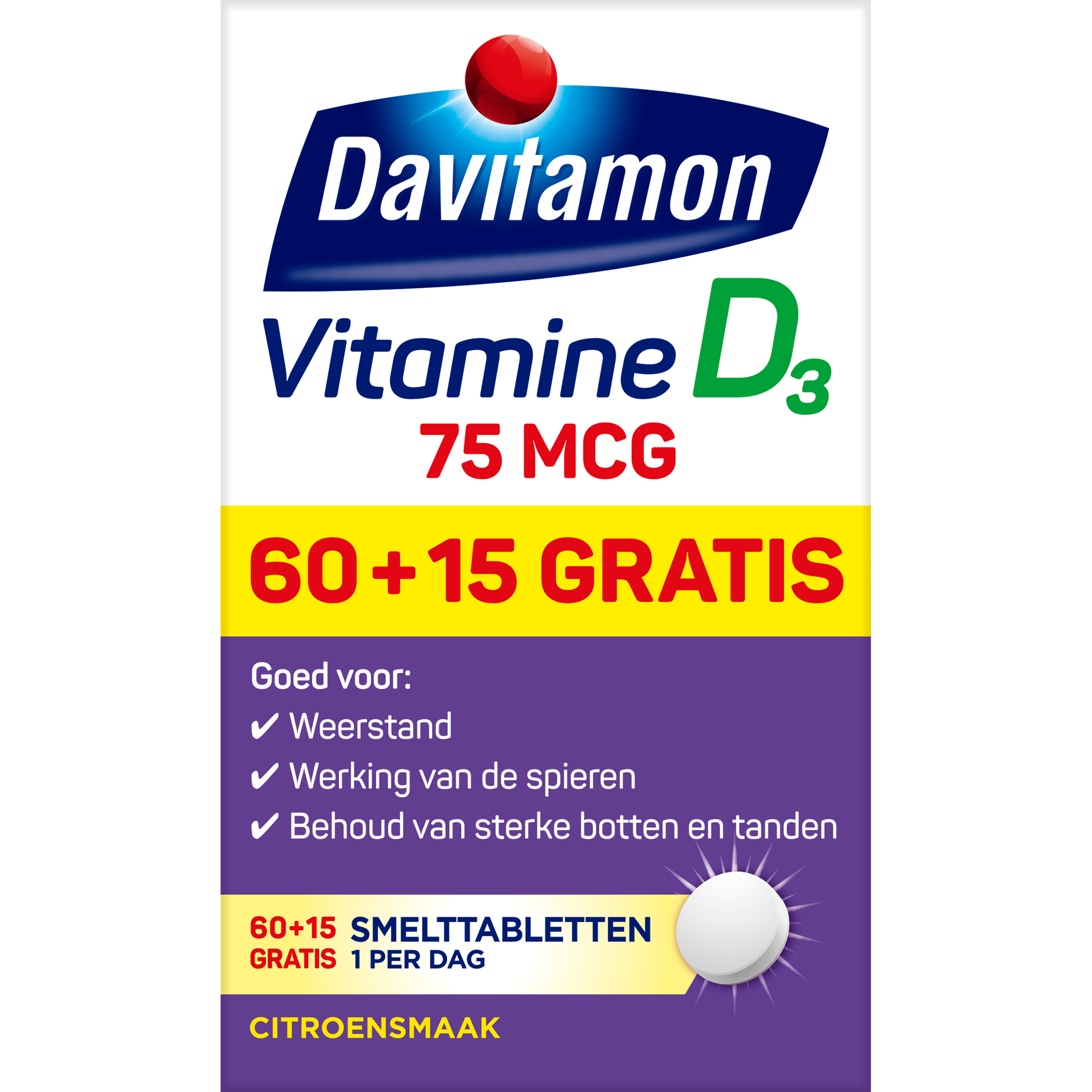 Davitamon Vitamin D3 75mcg single-dose meltable tablets, showing the packaging and tablets in a blister pack.