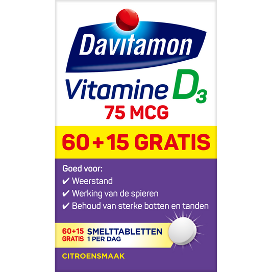 Davitamon Vitamin D3 75mcg single-dose meltable tablets, showing the packaging and tablets in a blister pack.