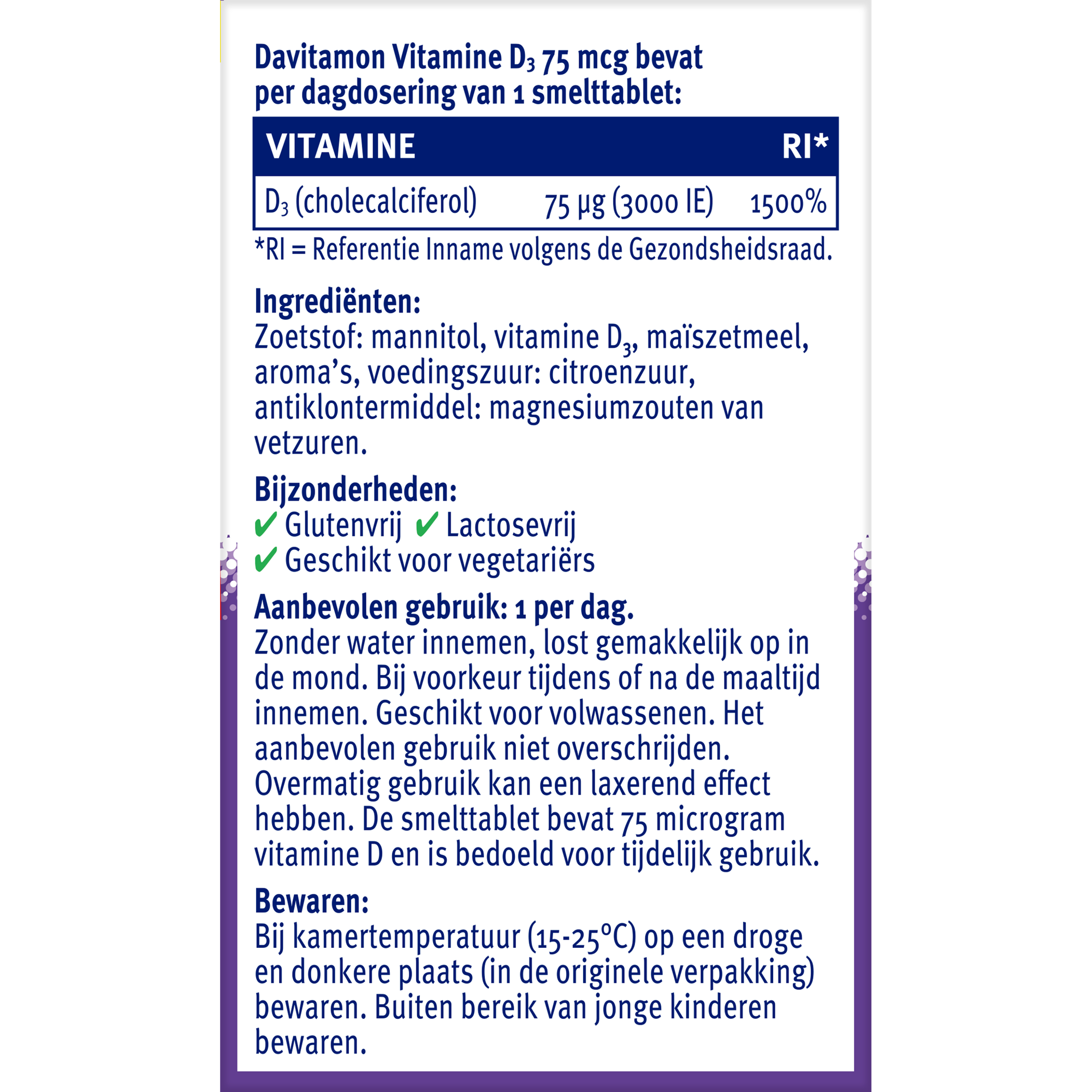 Davitamon Vitamin D3 75mcg chewable tablets in a bottle, showing the colorful packaging and tablets inside.