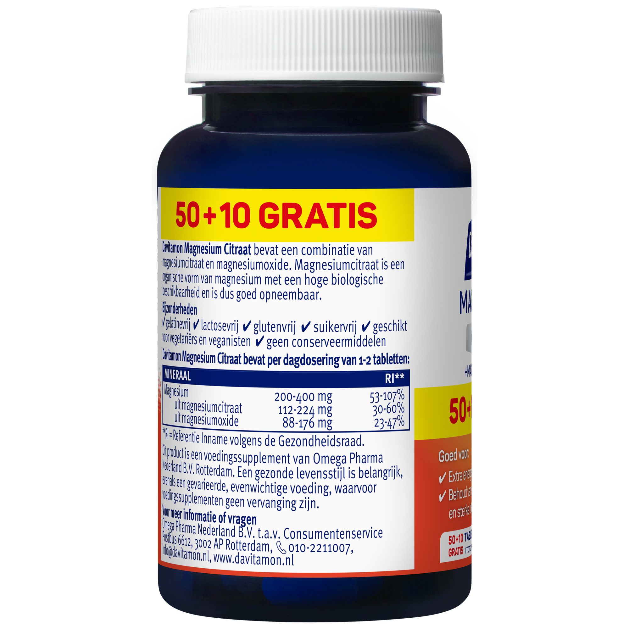 Davitamon Magnesium Citraat mineral supplement bottle with 60 tablets, showing the label and product packaging.