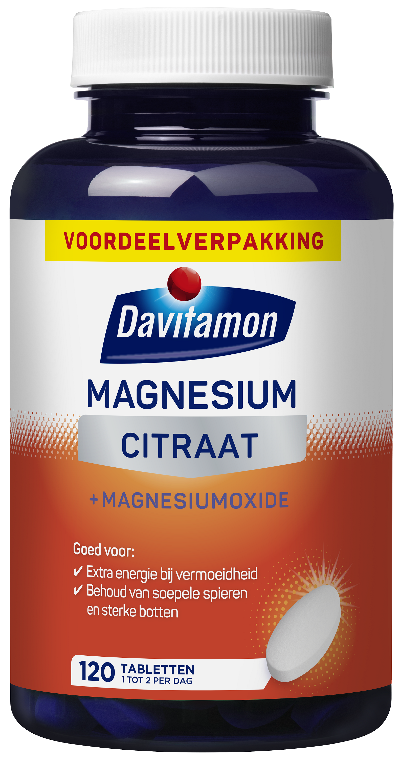 Davitamon Magnesium Citraat mineral supplement bottle with 120 tablets, featuring the product label and packaging.