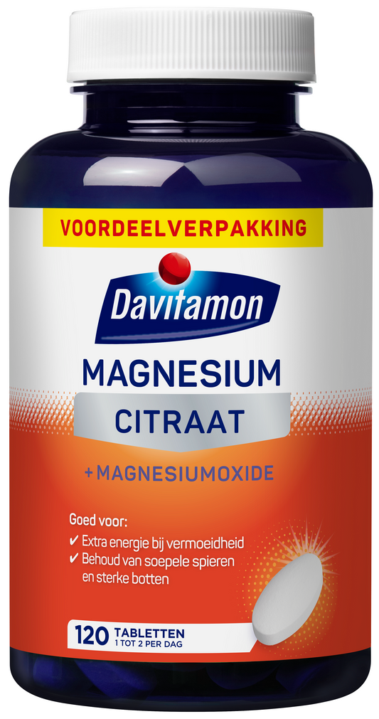 Davitamon Magnesium Citraat mineral supplement bottle with 120 tablets, featuring the product label and packaging.