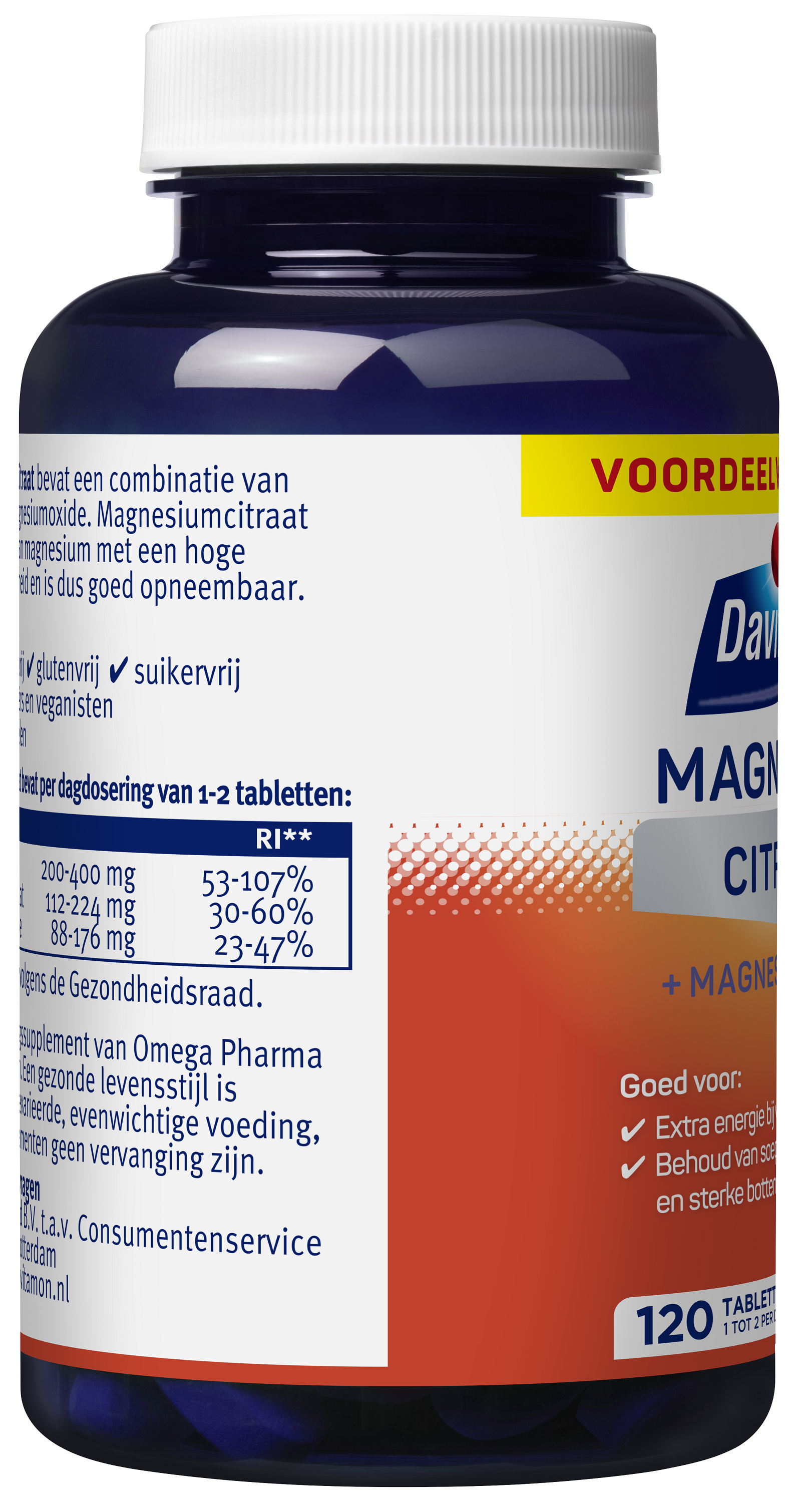 Davitamon Magnesium Citraat mineral supplement in a bottle with 120 tablets, showing label and tablets inside.