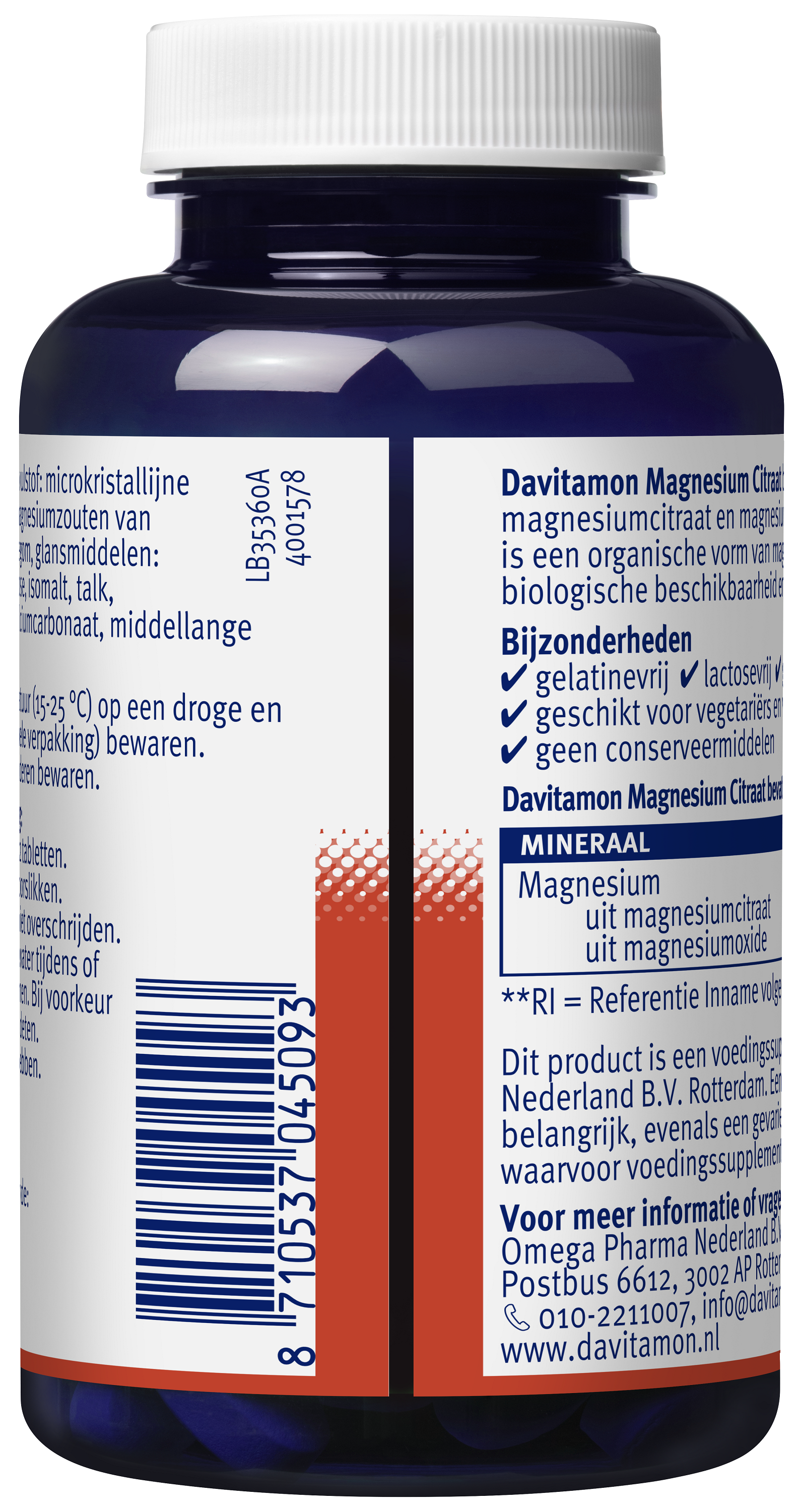 Davitamon Magnesium Citraat mineral supplement in a bottle of 120 tablets, showing the label and tablets inside the bottle.