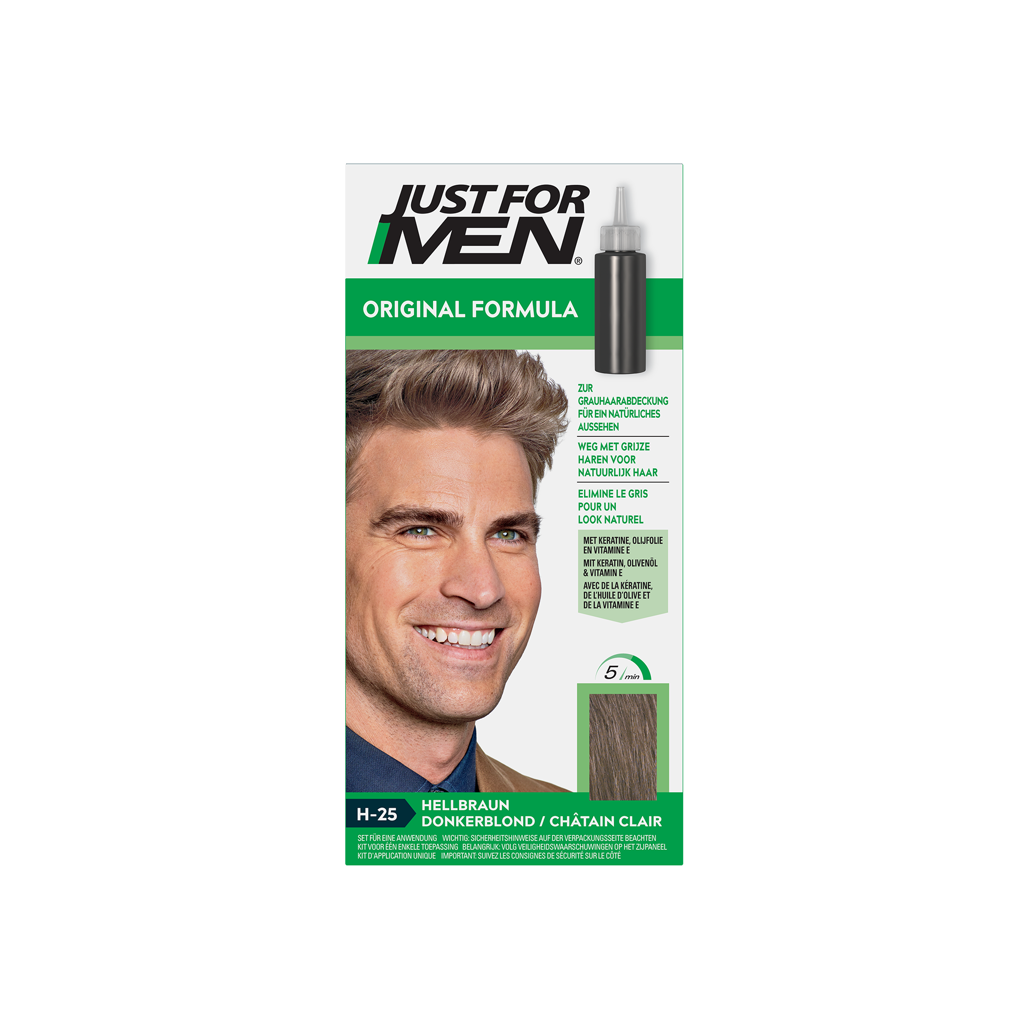 Just For Men Donker Blond H25 hair coloring set with two 30ml bottles, designed for men's hair coloring.