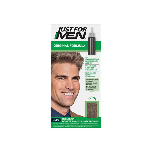 Just For Men Donker Blond H25 hair coloring set with two 30ml bottles, designed for men's hair coloring.
