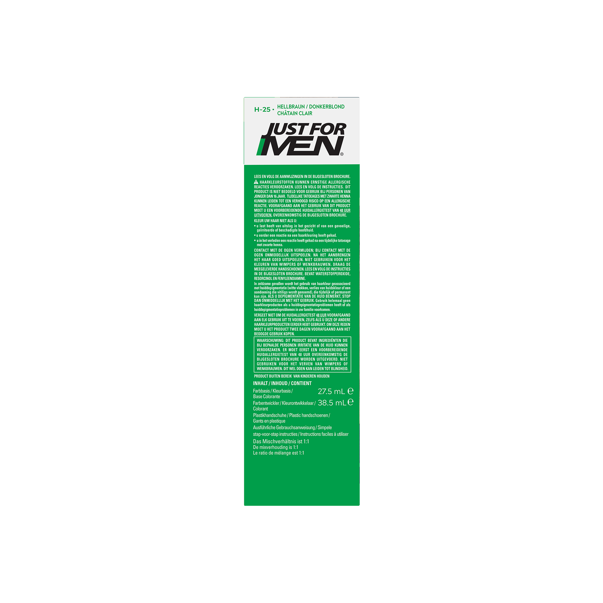 Just For Men Donker Blond H25 hair coloring kit with two 30ml bottles for natural blonde hair coloring.