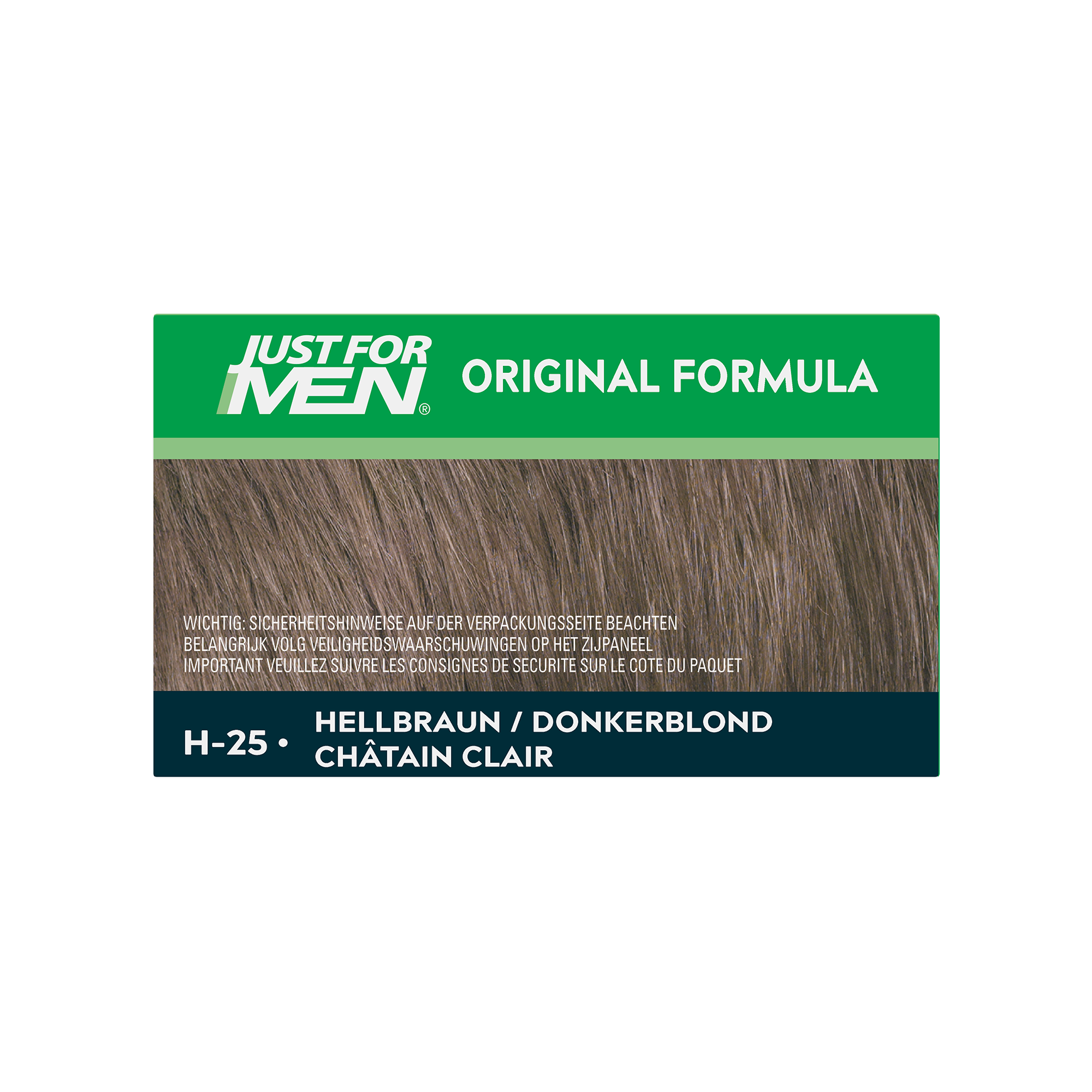 Just For Men Donker blond H25 hair coloring kit with two 30ml bottles, designed for gray hair coverage.