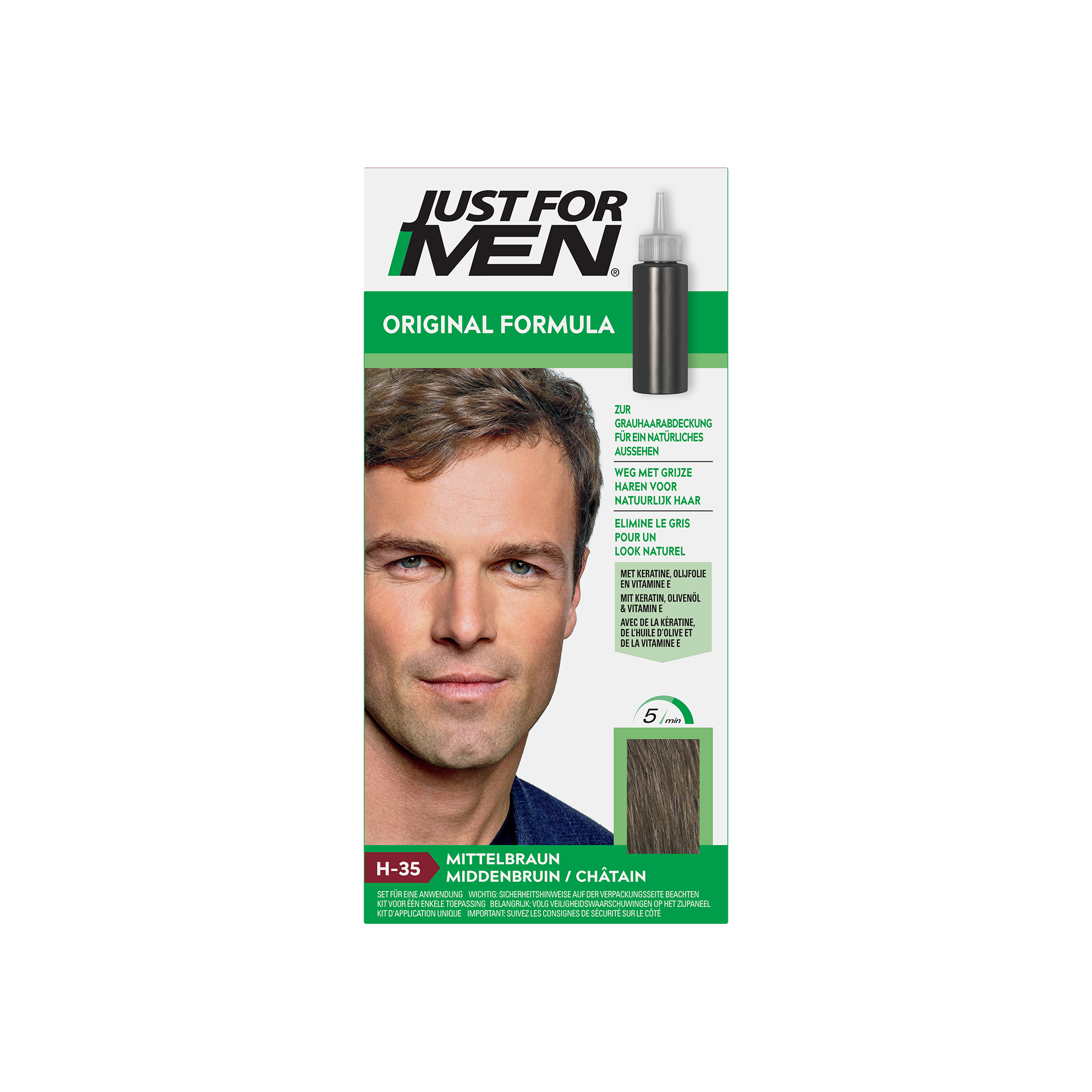 Just For Men Midden Bruin H35 hair coloring set with two 30ml bottles, designed for natural-looking brunette hair.