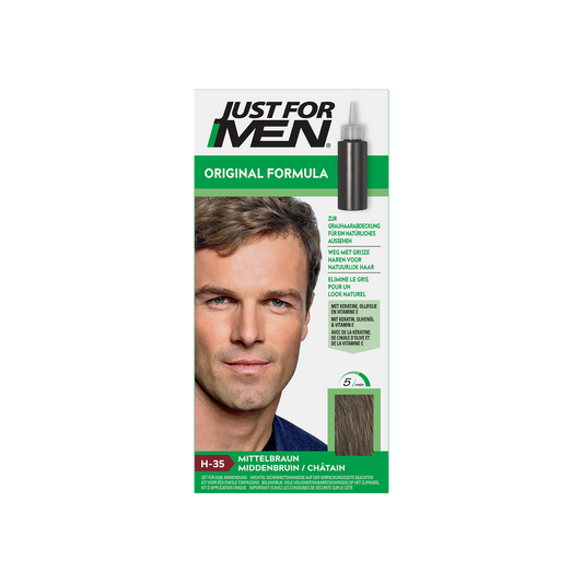 Just For Men Midden Bruin H35 hair coloring set with two 30ml bottles, designed for natural-looking brunette hair.