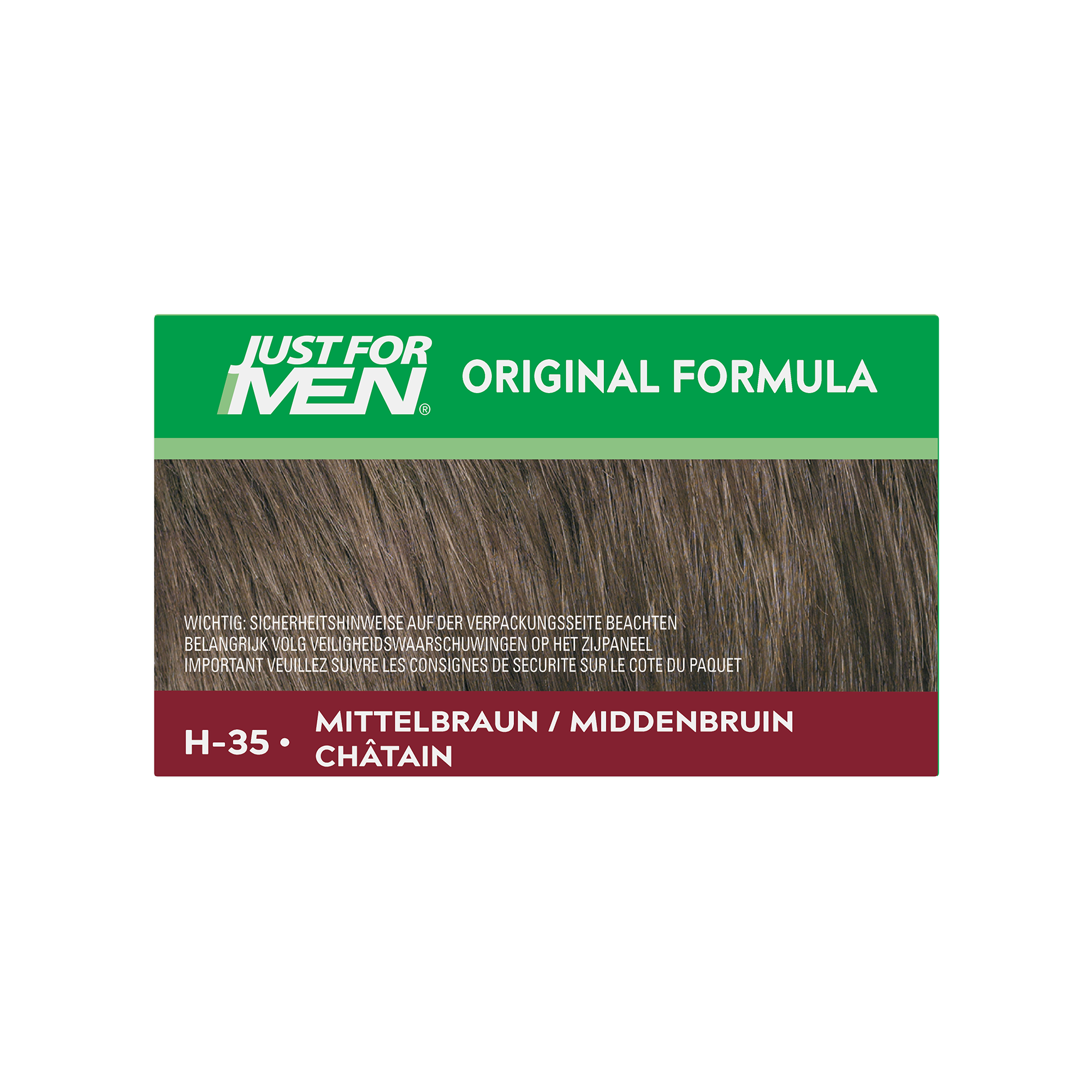 Just For Men Midden bruin H35 hair coloring kit with two 30ml bottles showing the product and packaging.