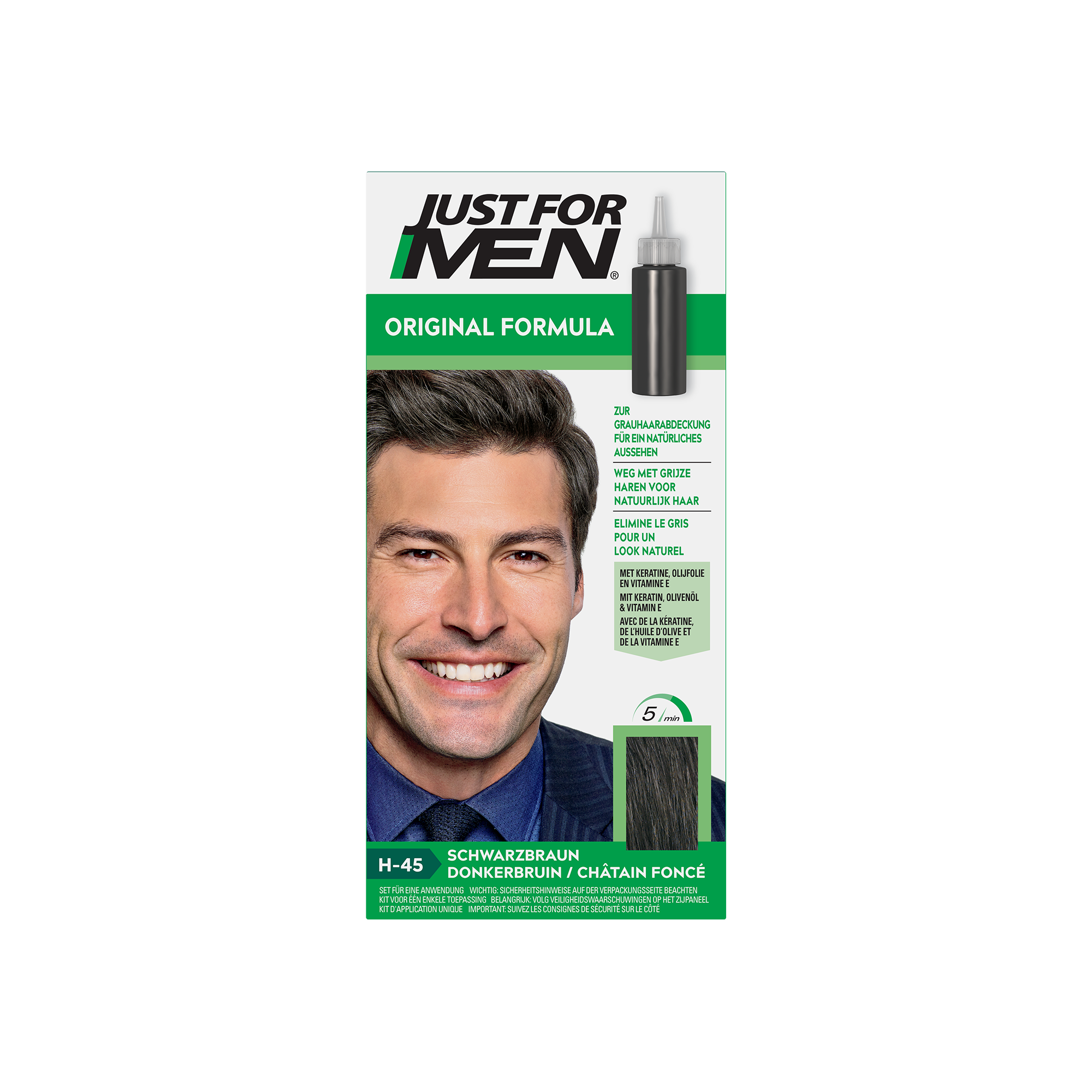 Just For Men Donker bruin H45 hair coloring set with hair dye bottle and applicator for natural-looking dark brown hair.