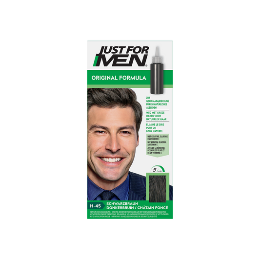 Just For Men Donker bruin H45 hair coloring set with hair dye bottle and applicator for natural-looking dark brown hair.
