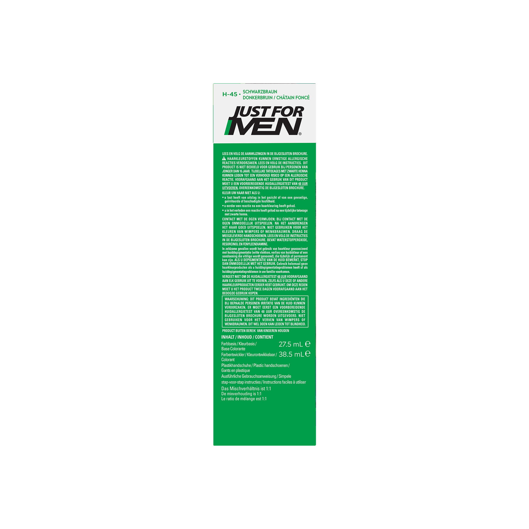 Just For Men Donker bruin H45 hair coloring set with applicator and instructions, designed for natural-looking dark brown hair.