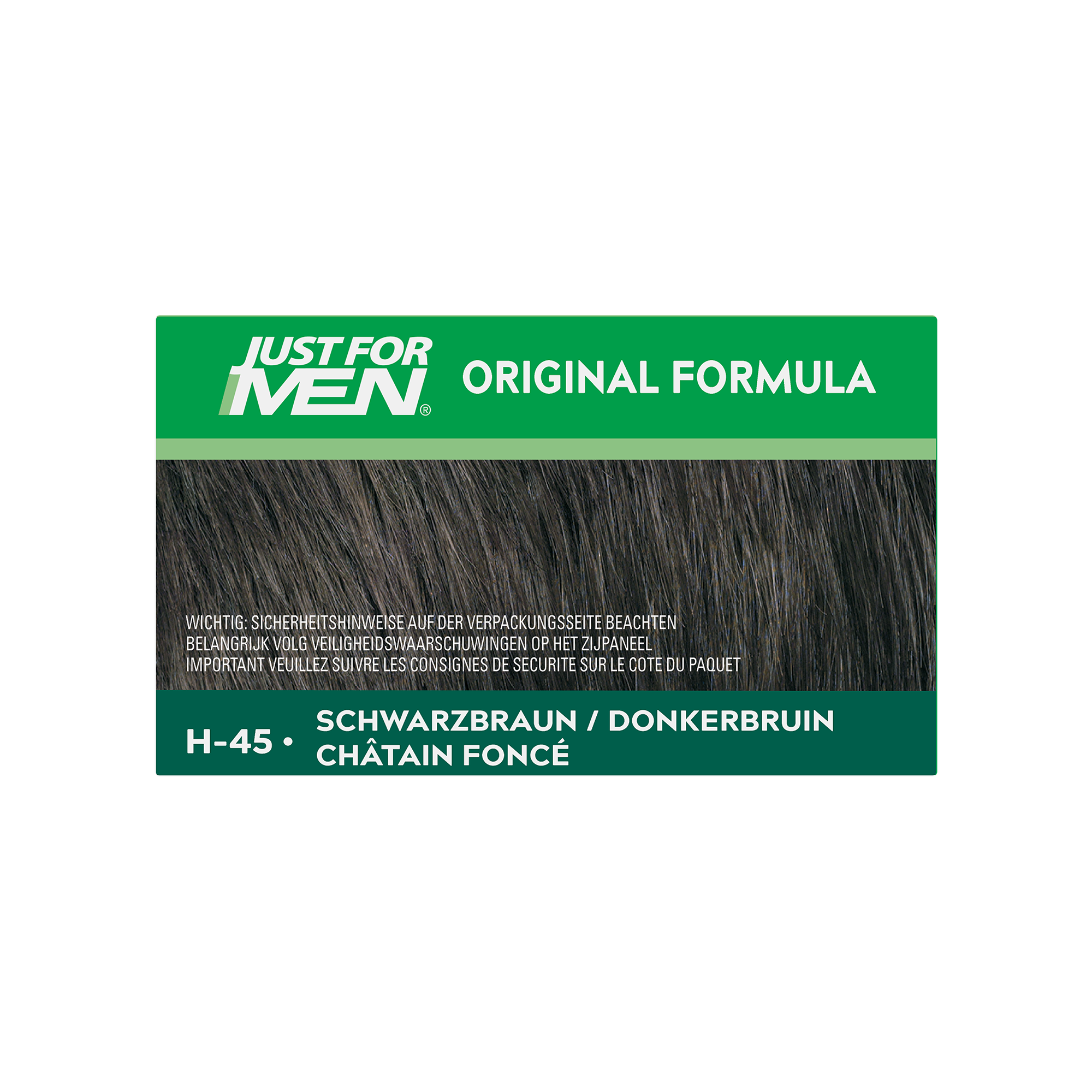 Just For Men Donker bruin H45 1.00 hair coloring set showing the box and application products for men's hair dye.