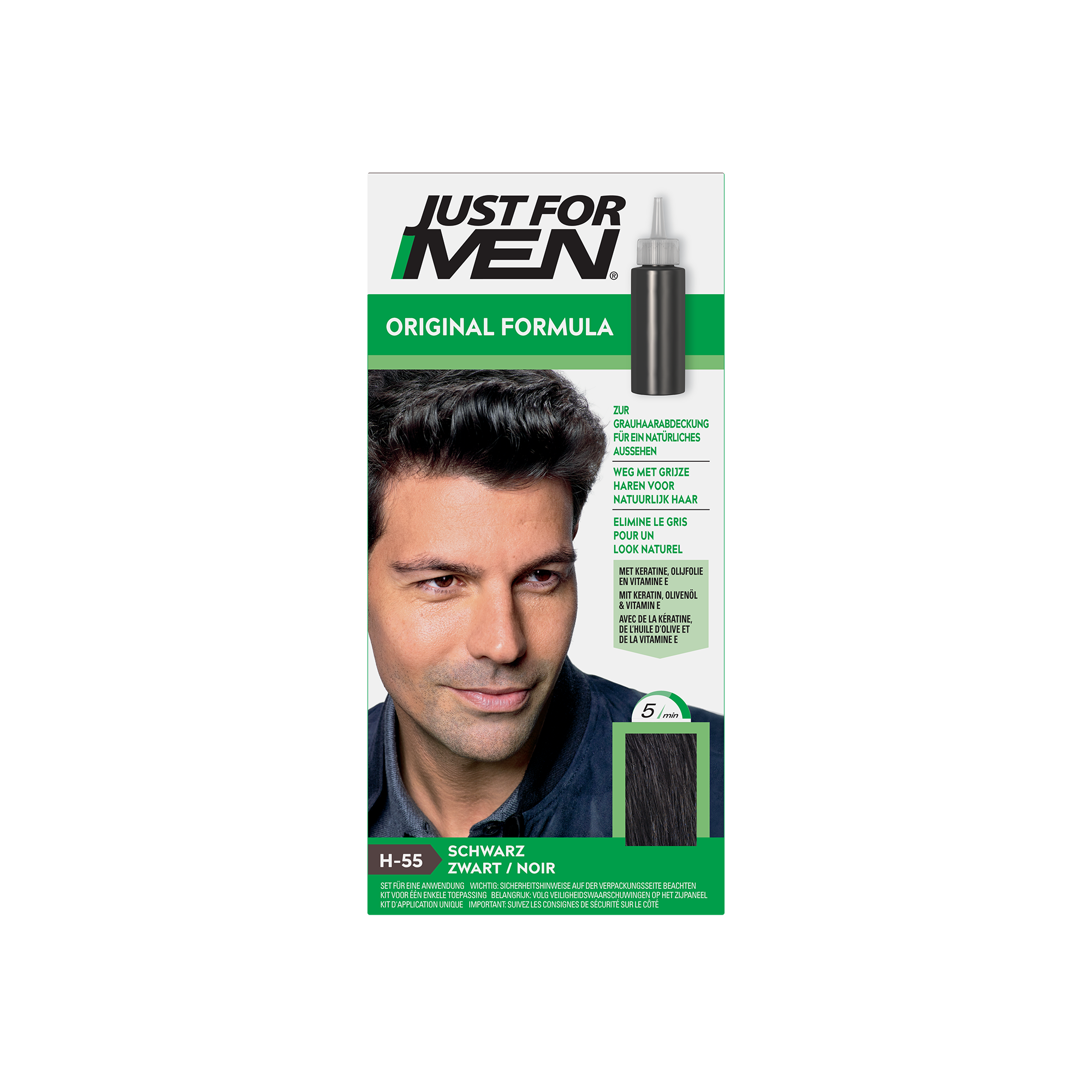 Just For Men Zwart H55 1.00 hair coloring set with applicator, designed for easy at-home hair dyeing.