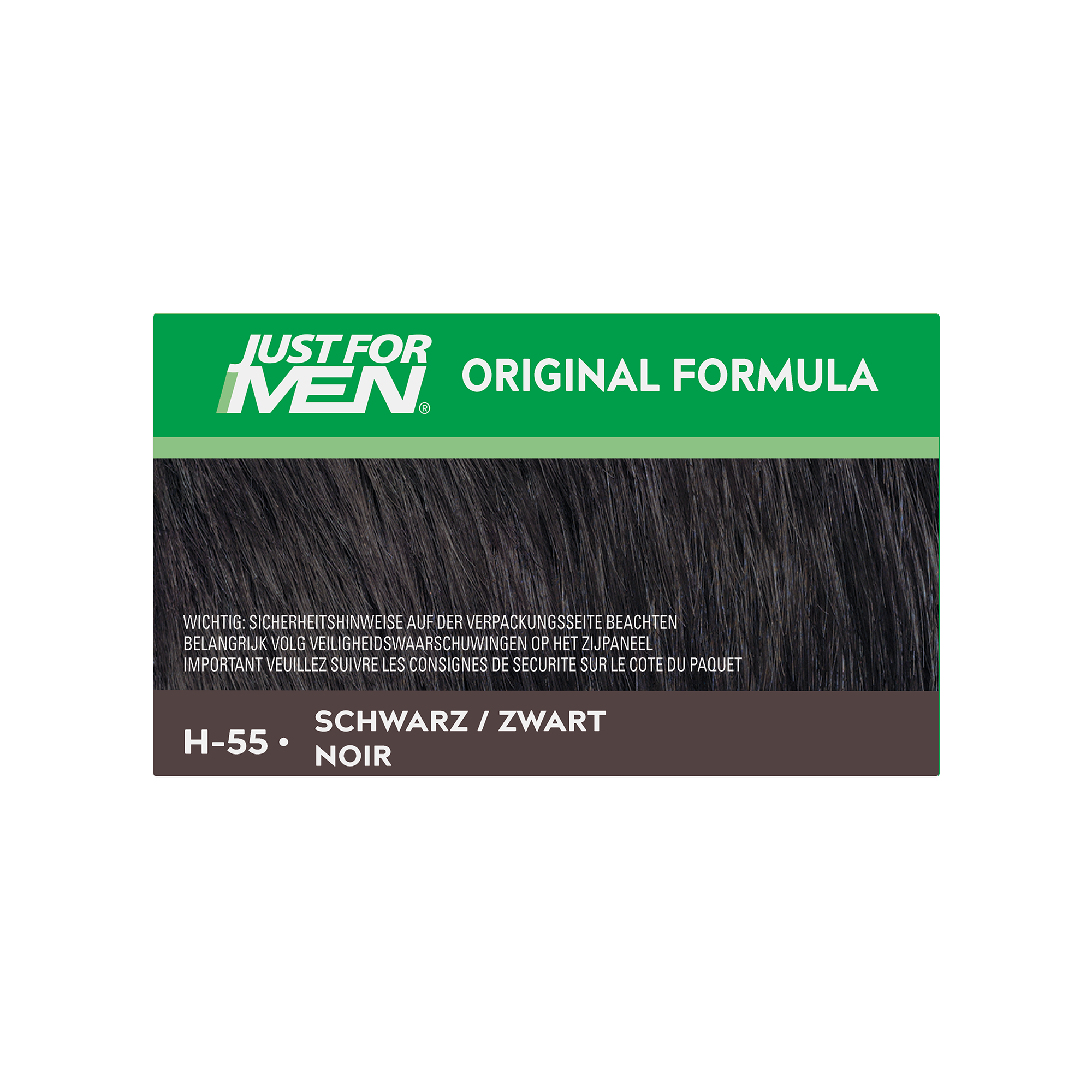 Just For Men Zwart H55 hair coloring set with application tools, designed for natural black hair coloring.