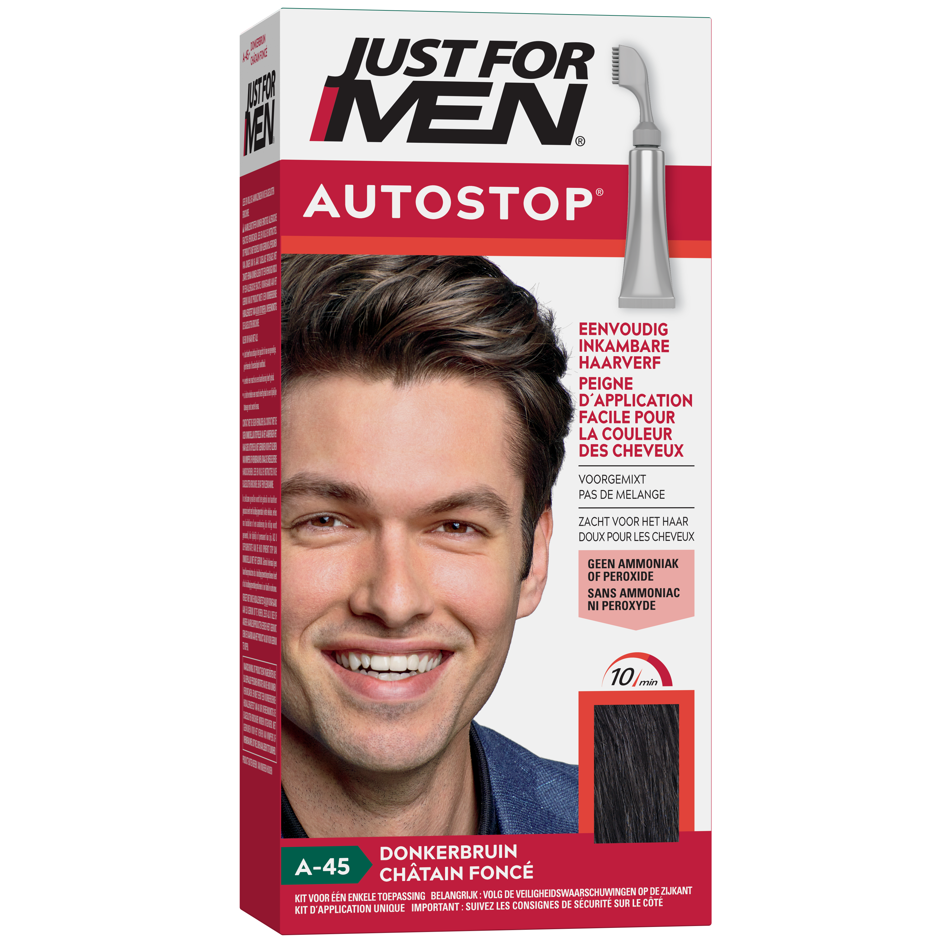 Just For Men Autostop donker bruin A45 hair coloring kit, showing the box and product container with color details.