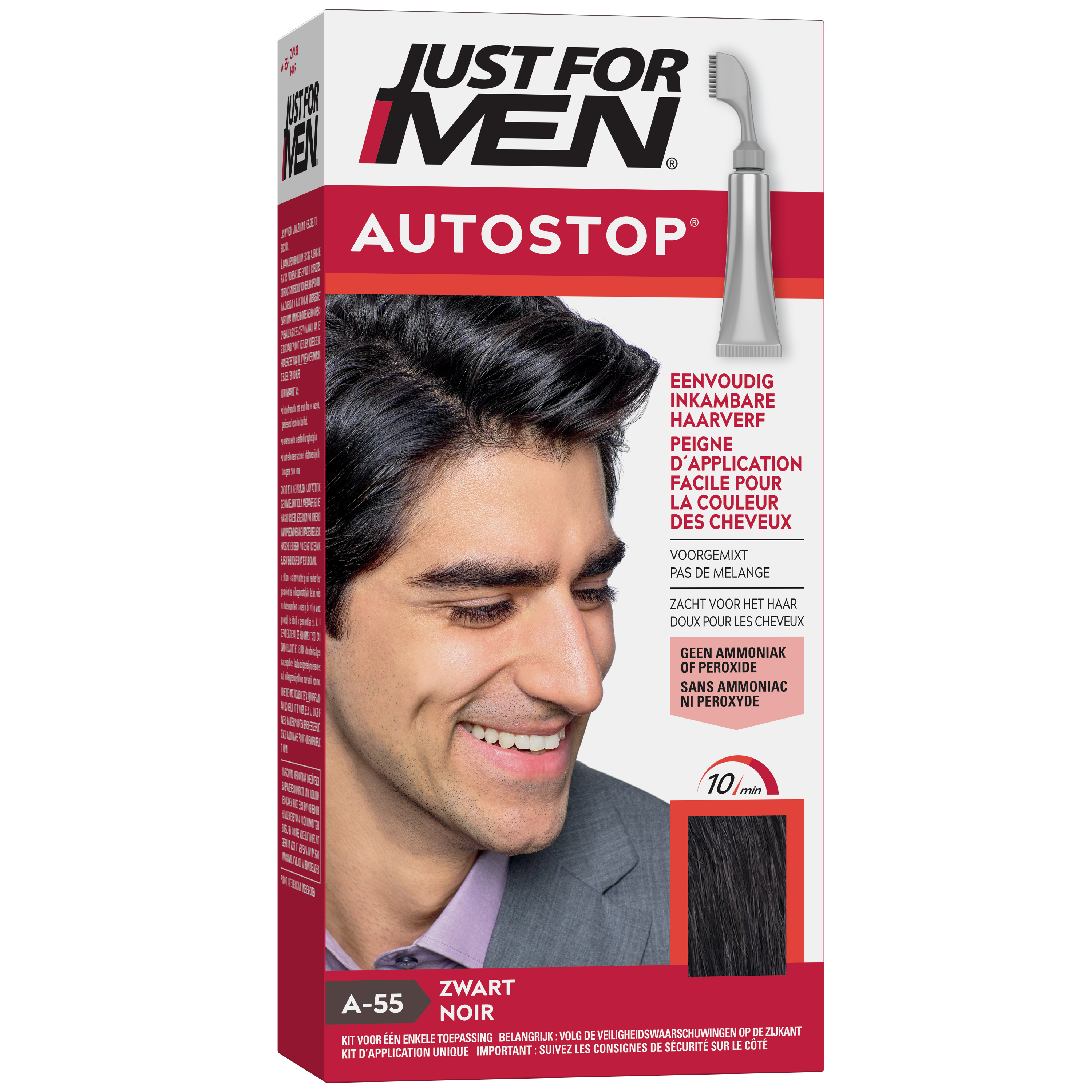 Just For Men Autostop zwart A55 hair coloring tube, 35g, showing the black hair dye product with packaging and applicator nozzle.